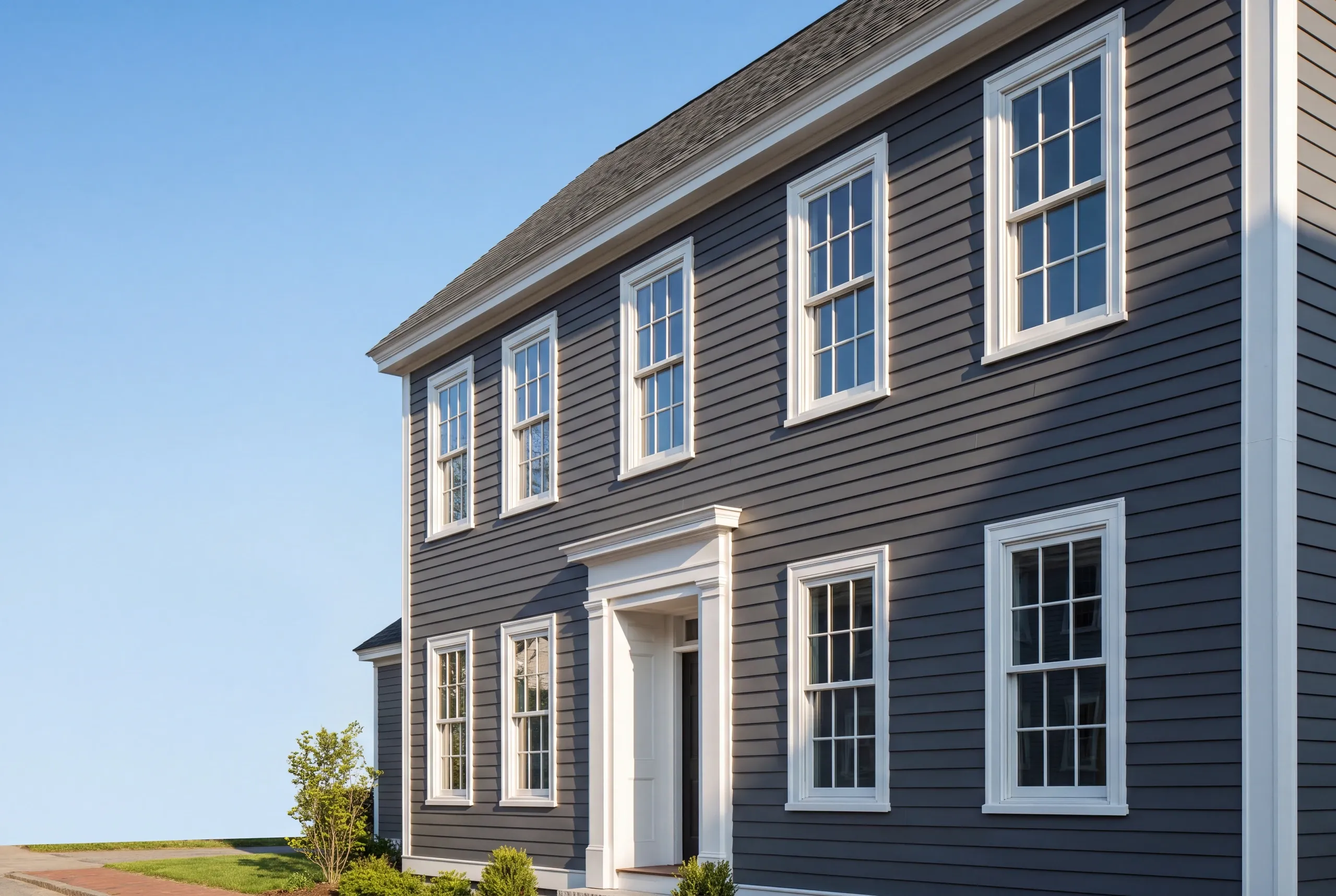 Exterior siding contractor Bath Maine: slate clapboard colonial facade with white casings and a pilastered entry surround