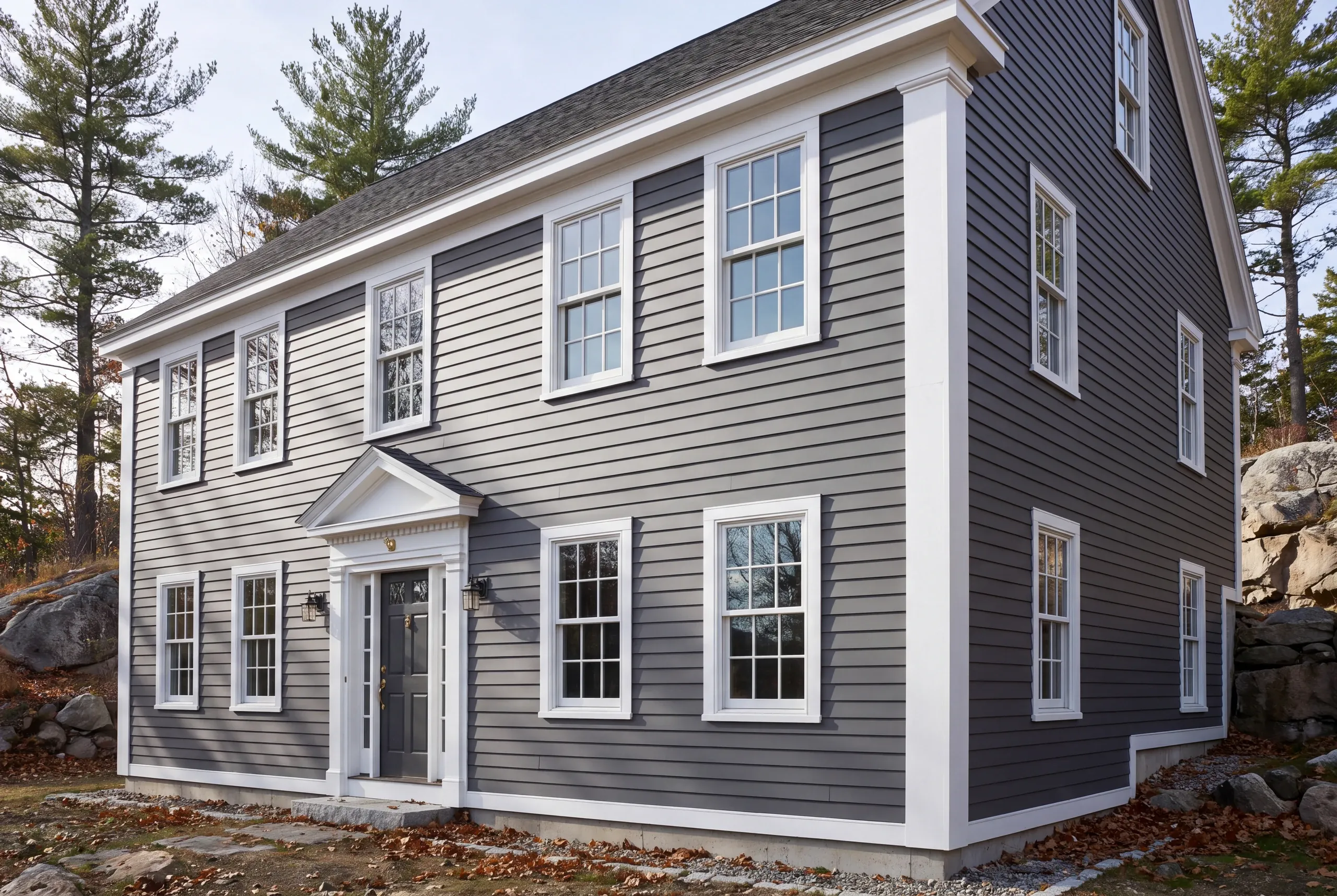 Siding contractor in Belfast, ME: colonial in gray lap siding with wide white corner boards and a small dentil portico