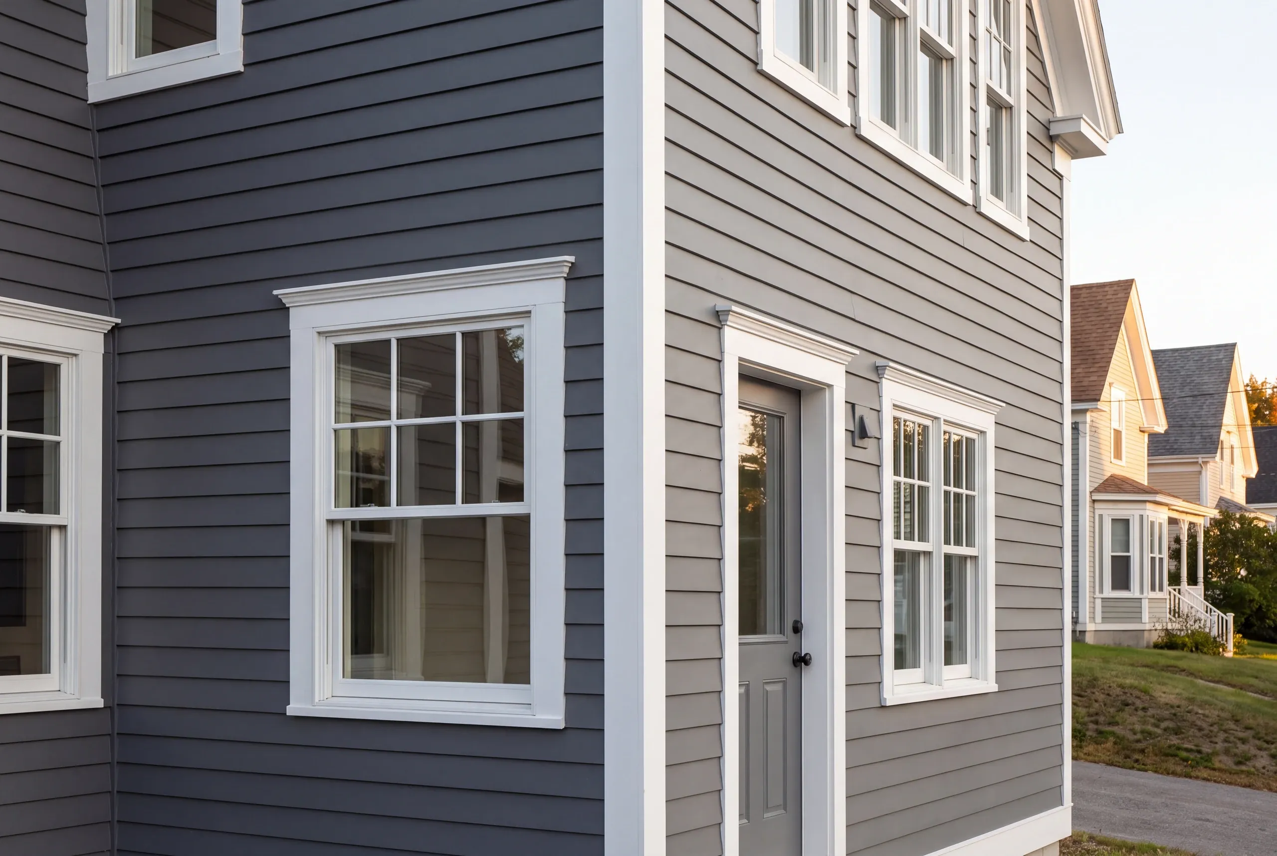Siding contractor Belfast Maine: charcoal and light gray lap siding meeting at a wide white corner board with crowned window heads