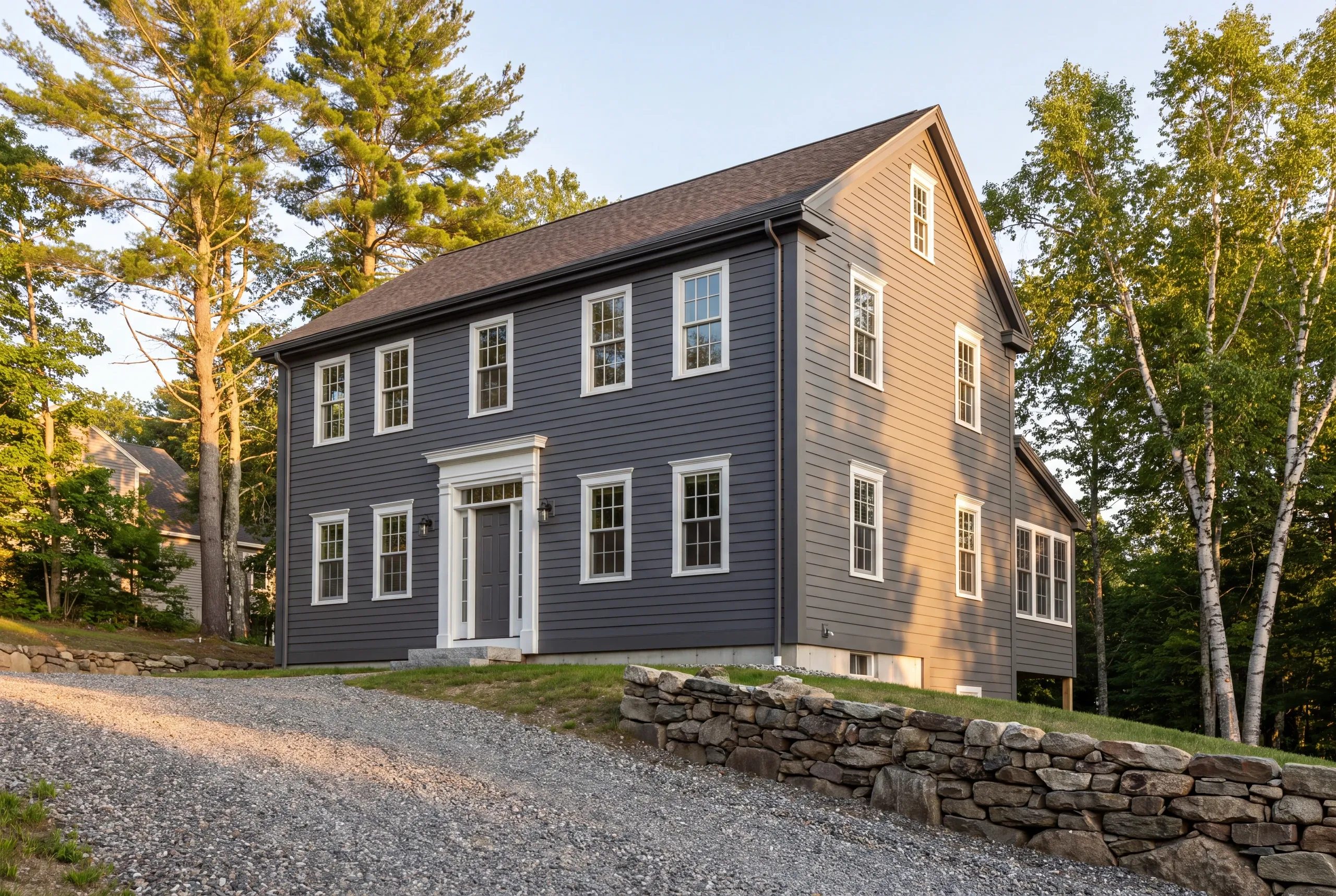 Siding installer Belfast Maine: colonial on a slope in charcoal lap siding with a brown shingle roof and dry-stacked stone wall