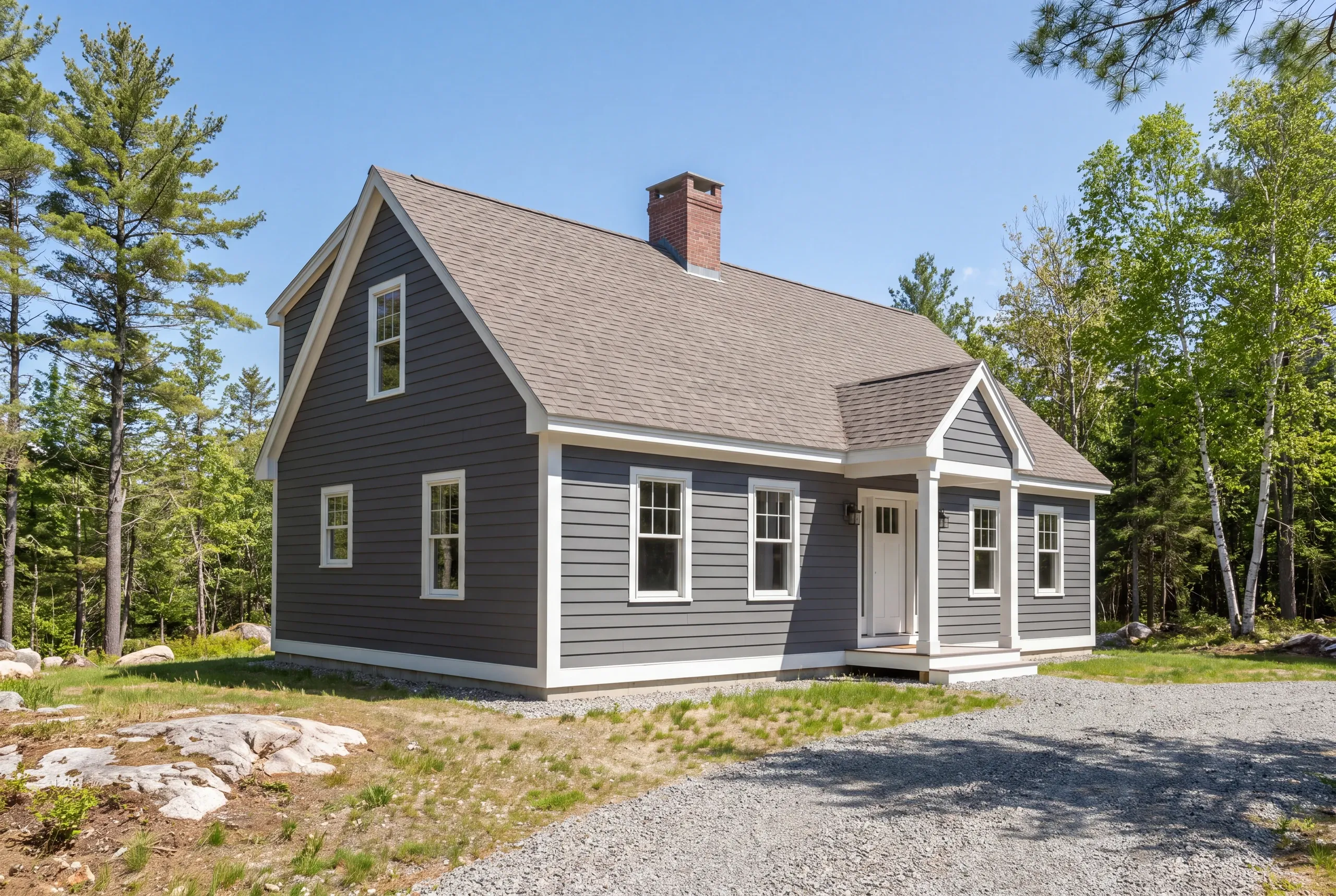 Siding contractor in Bucksport, ME: dark gray lap-sided cape with a brick chimney and columned entry portico on granite ledge