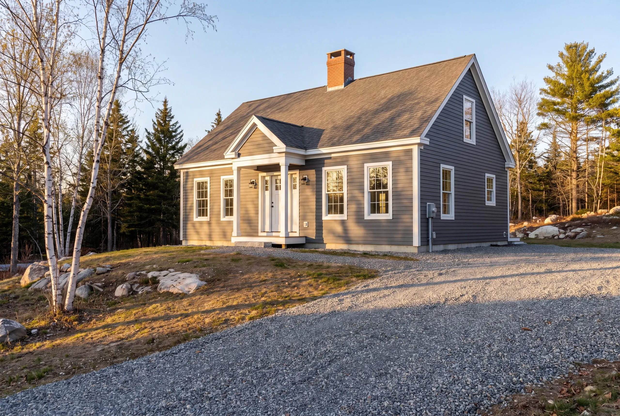 Exterior siding contractor Bucksport Maine: warm gray lap-sided cape with columned entry portico, brick chimney and birches in evening sun