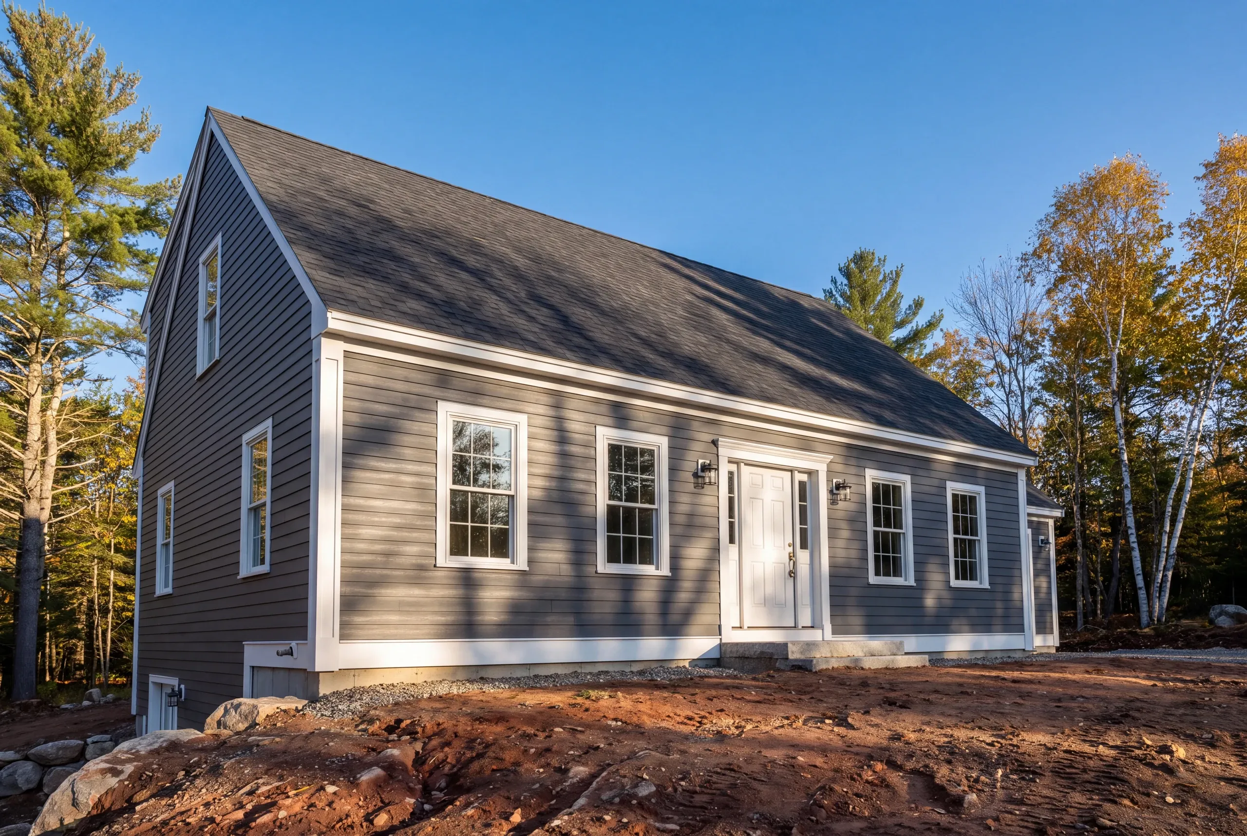 Siding contractor Bucksport Maine: gray lap-sided cape with a walkout basement door, granite steps and a raw dirt yard