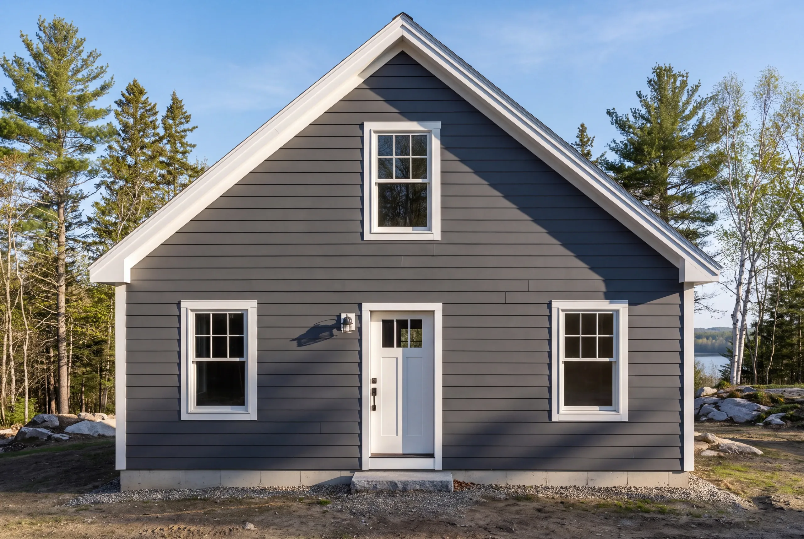 Siding installer Bucksport Maine: gable end of a charcoal lap-sided house with white rake trim, a lantern and granite step