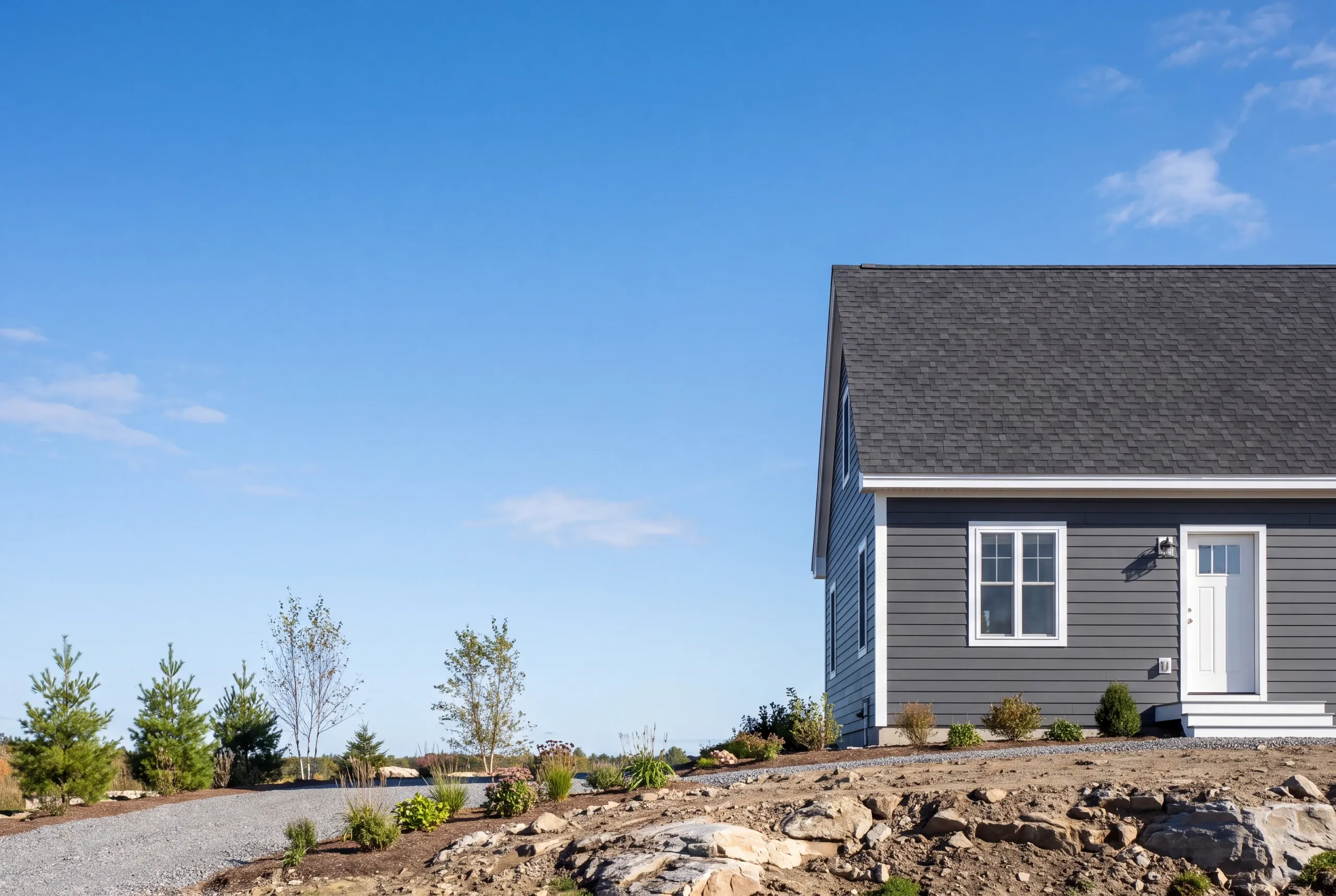 Exterior siding contractor Bucksport Maine: gray lap-sided house with new plantings on a gravel drive above rocky ledge under a wide sky