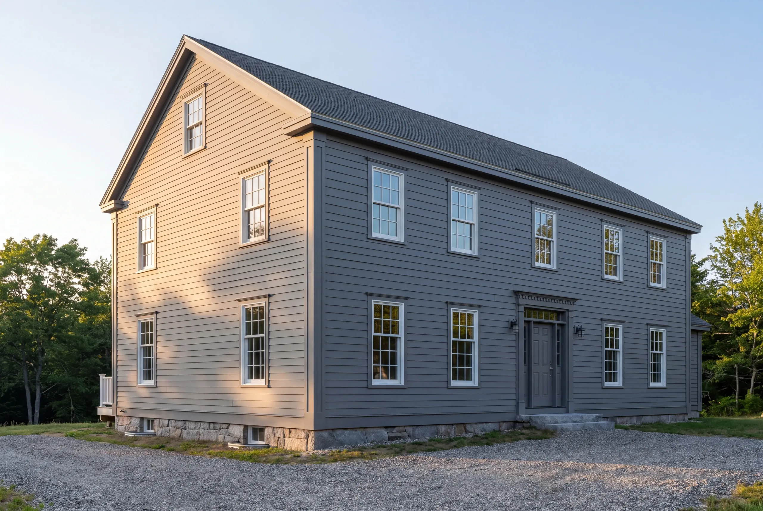 Siding contractor in Camden, ME: side-gable colonial in gray clapboard with matching trim, dentil door head and granite foundation