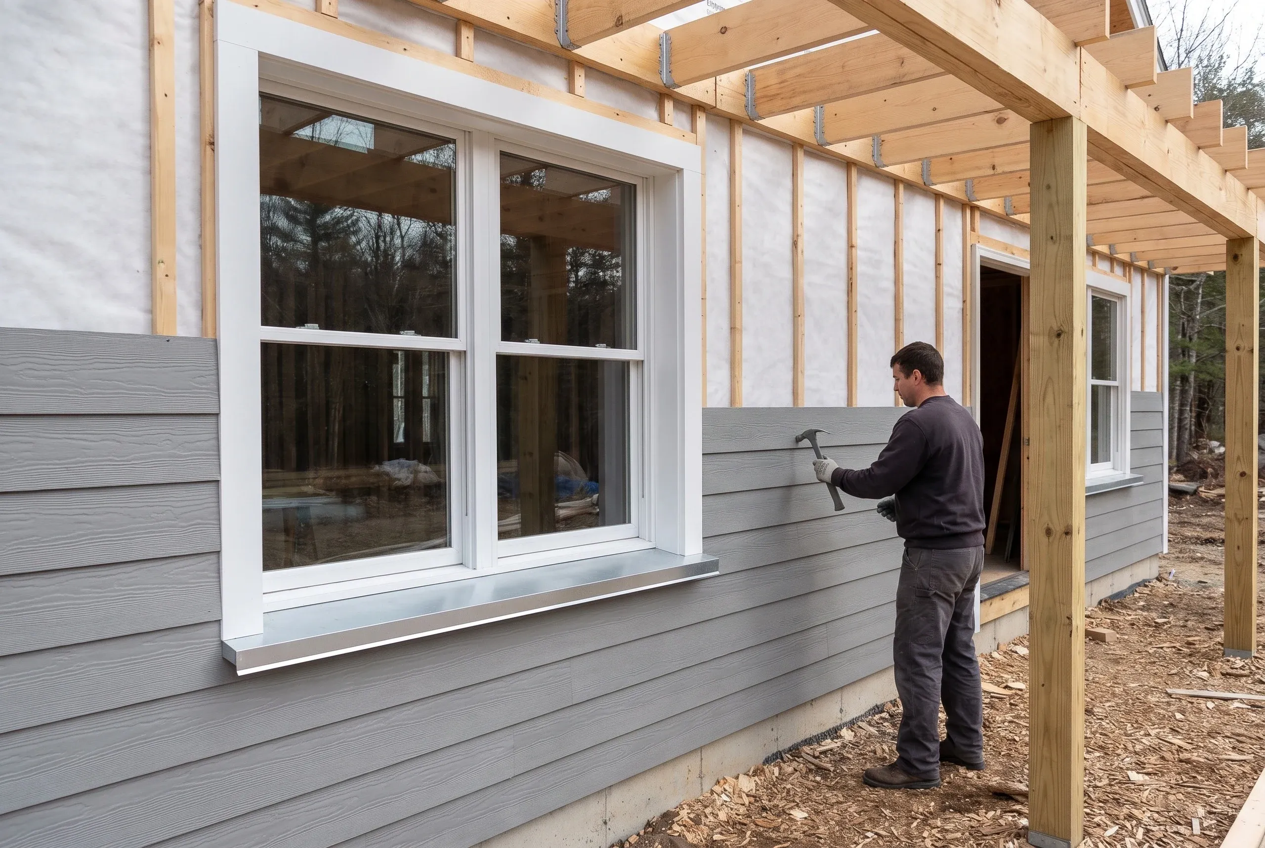 Siding installer Camden Maine: a man nailing gray lap siding under a framed porch overhang beside a white picture window