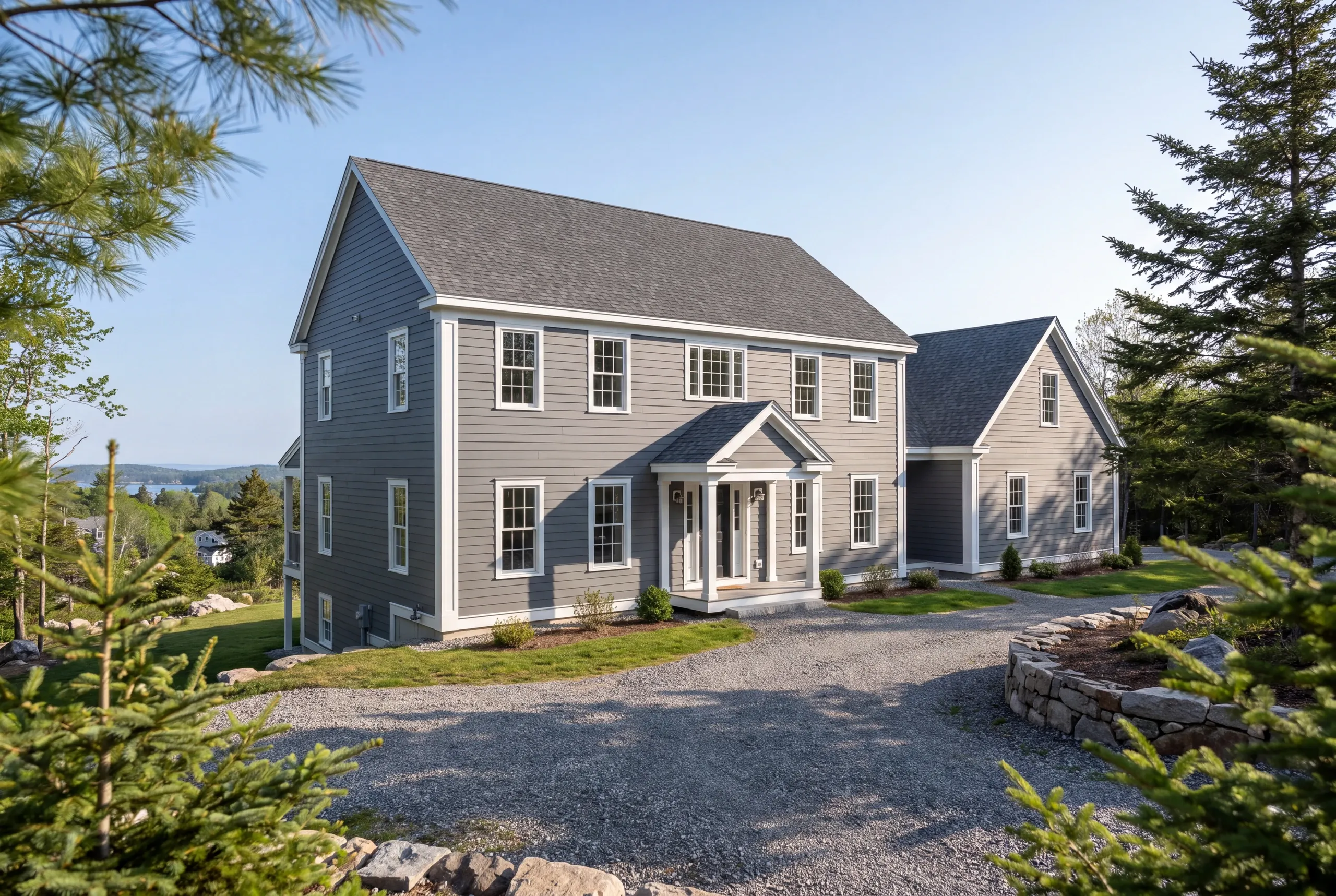 Exterior siding contractor Camden Maine: gray clapboard colonial with columned portico and gabled wing on a circular drive above a bay