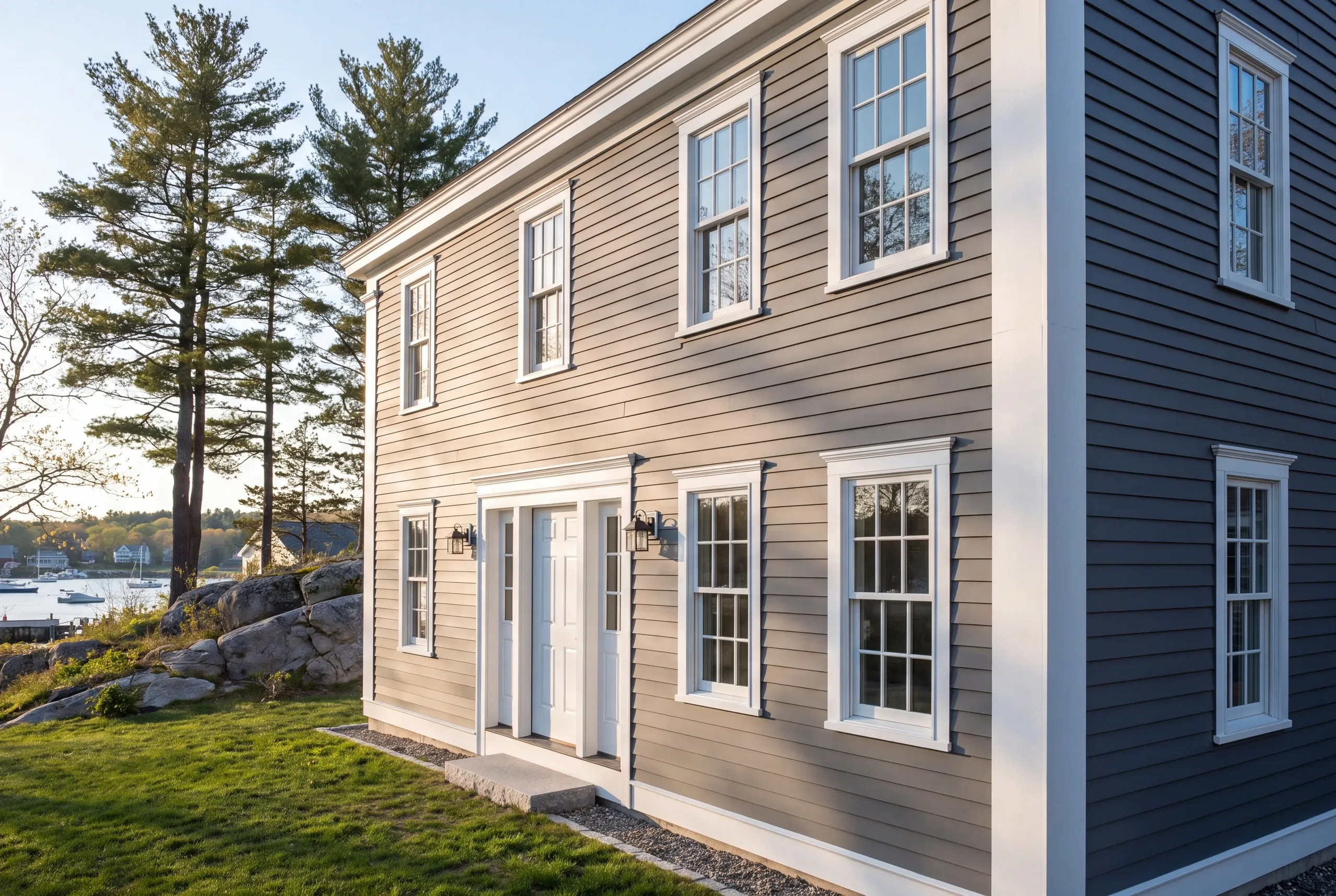Siding contractor Camden Maine: greige clapboard front meeting a slate blue side wall at a white door with twin lanterns