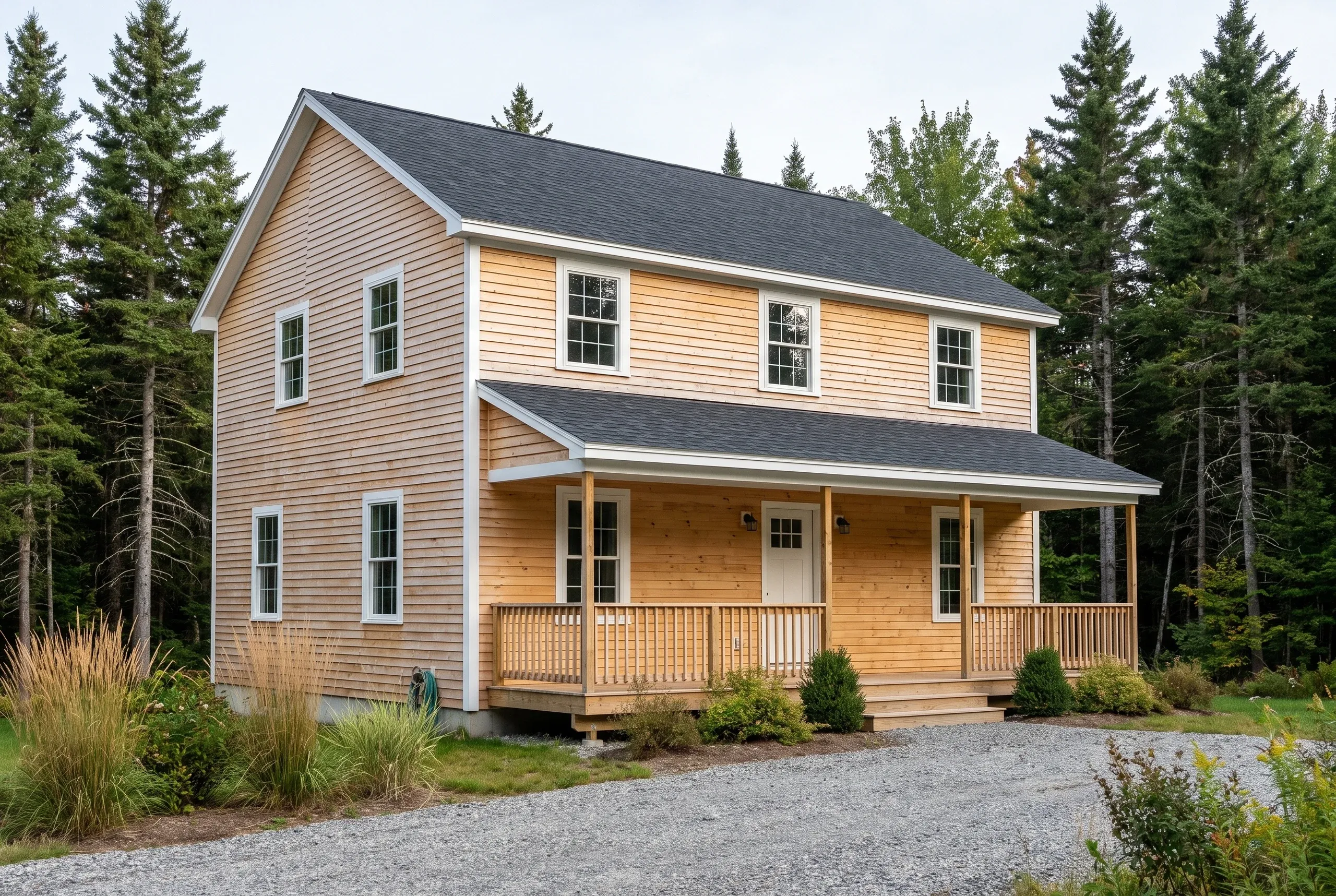 Siding installer Camden Maine: cedar-sided two-story colonial with a shed-roof porch, gravel drive and tall spruces along the yard