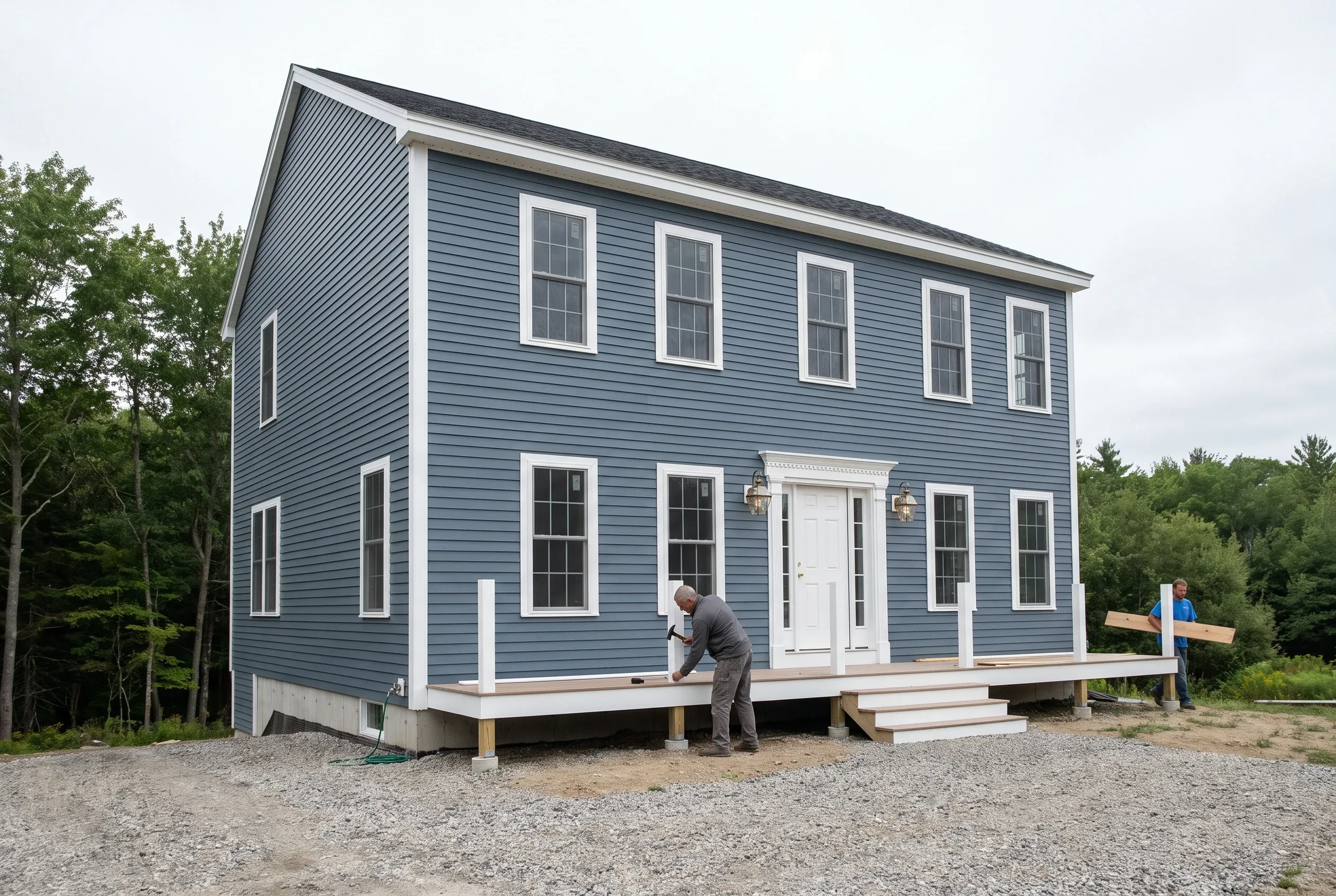 Exterior siding contractor Camden Maine: slate blue clapboard colonial with white trim, crowned entry and workers installing porch trim