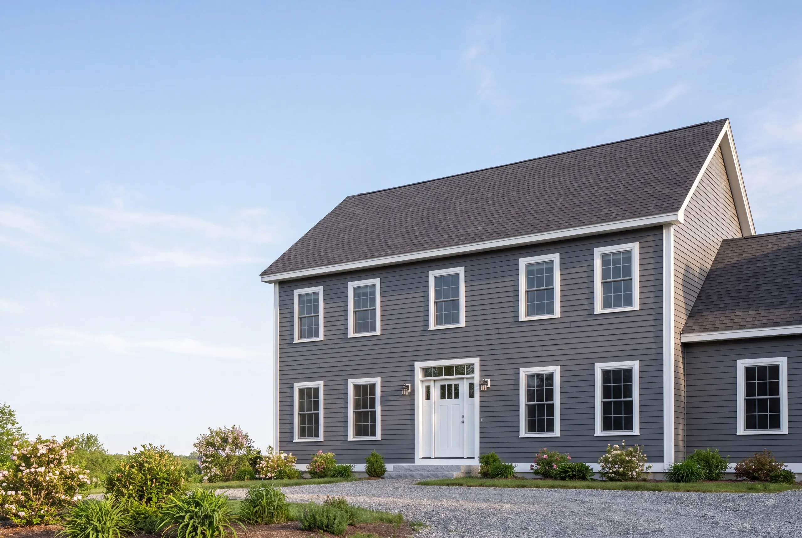 Siding contractor Midcoast Maine: two-story colonial in gray lap siding with a white transom door and flowering shrubs