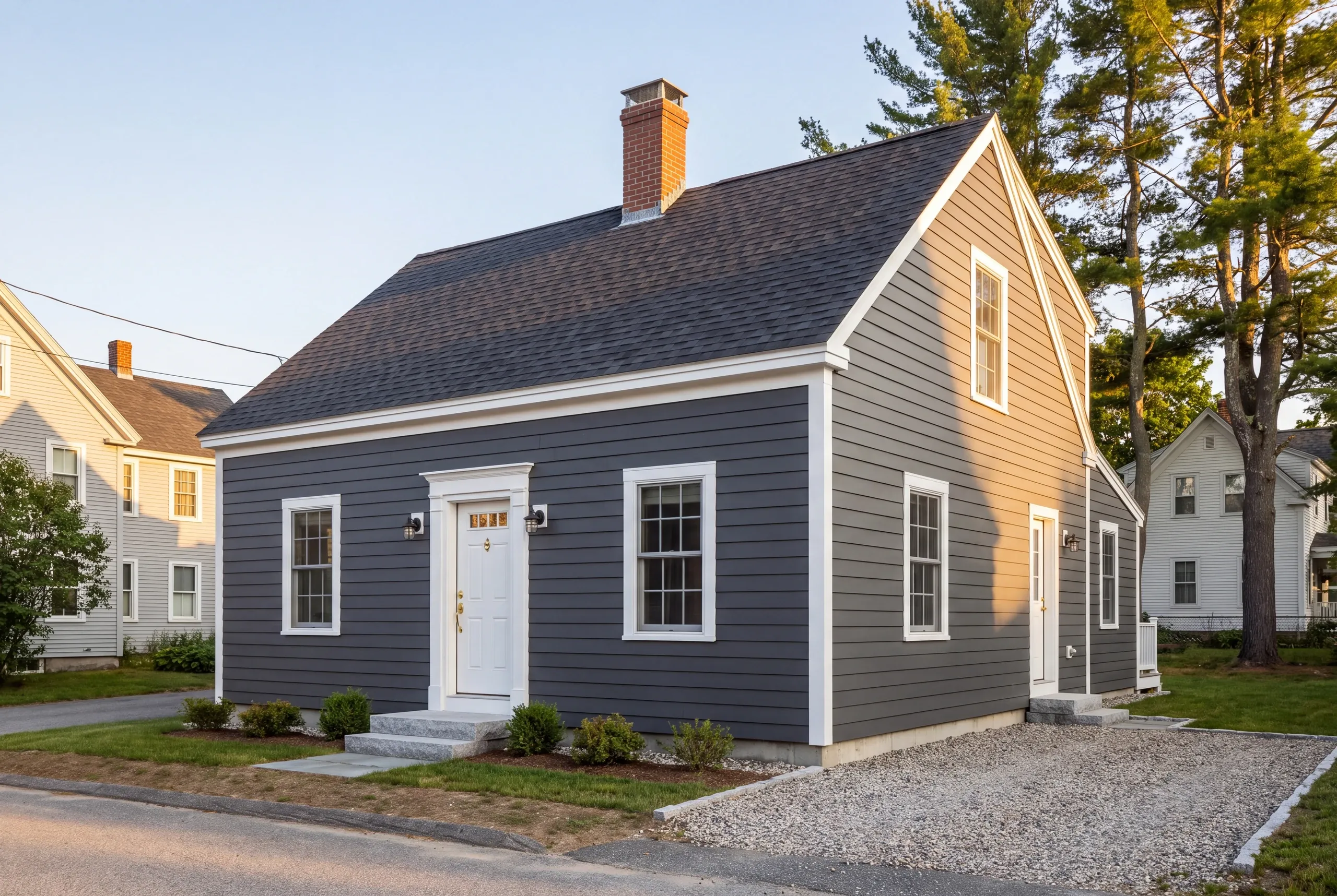 Siding contractor in Damariscotta, ME: village cape in charcoal lap siding with brick chimney, white entry surround and granite steps