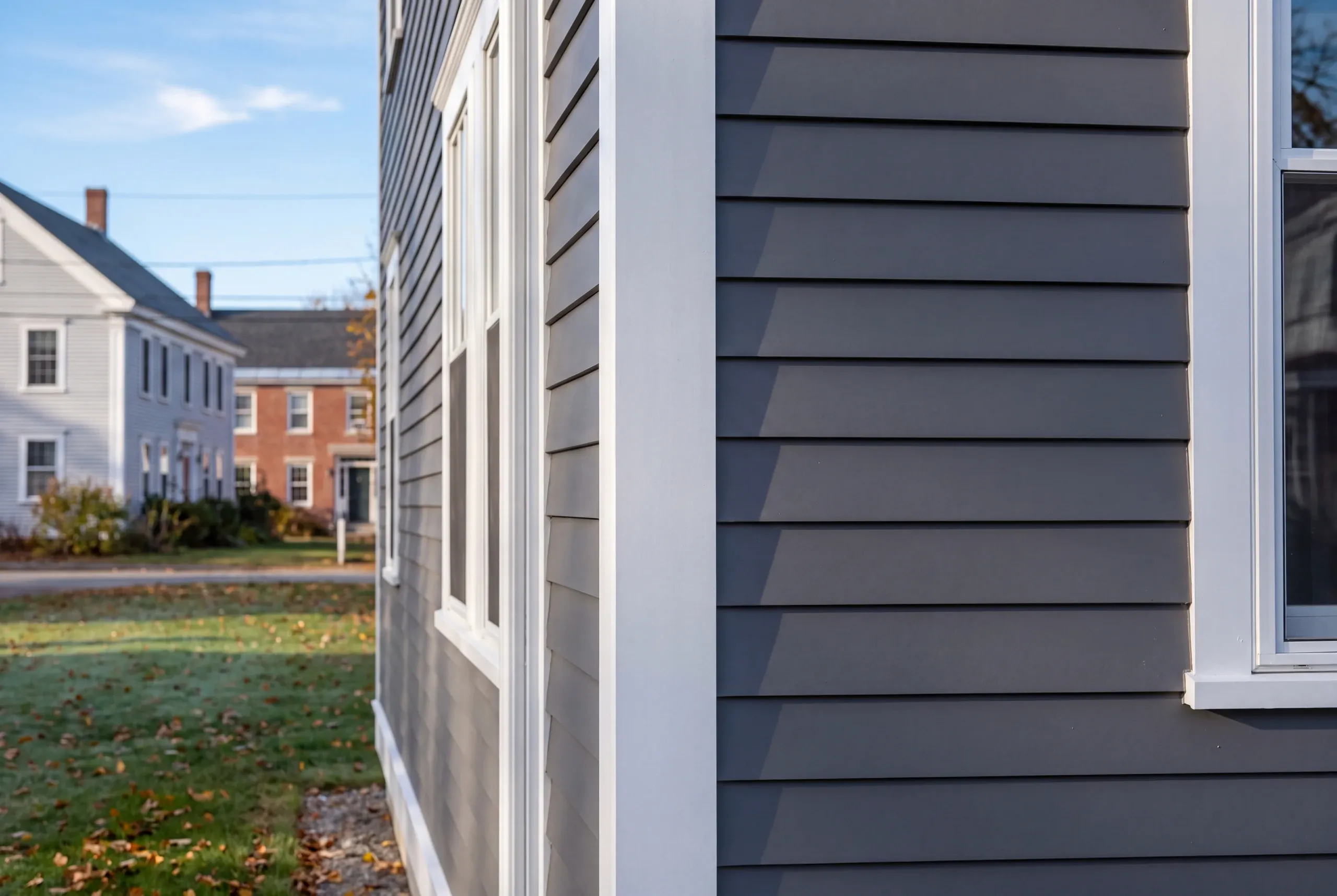 Siding installer Damariscotta Maine: charcoal lap siding front meeting a gray clapboard side wall at a wide white corner board