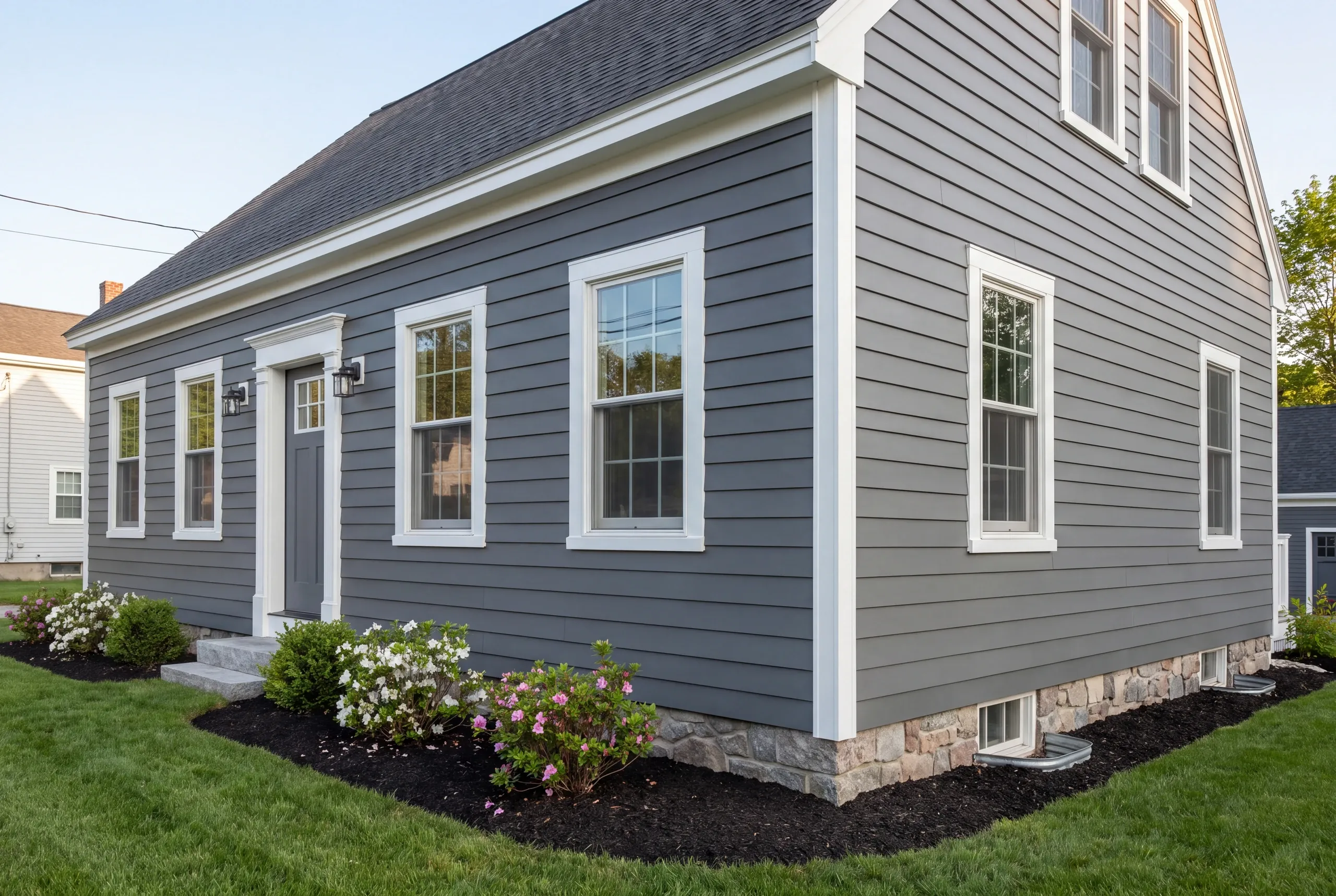 Exterior siding contractor Damariscotta Maine: slate gray lap-sided cape corner with wide white corner boards over a fieldstone-faced foundation