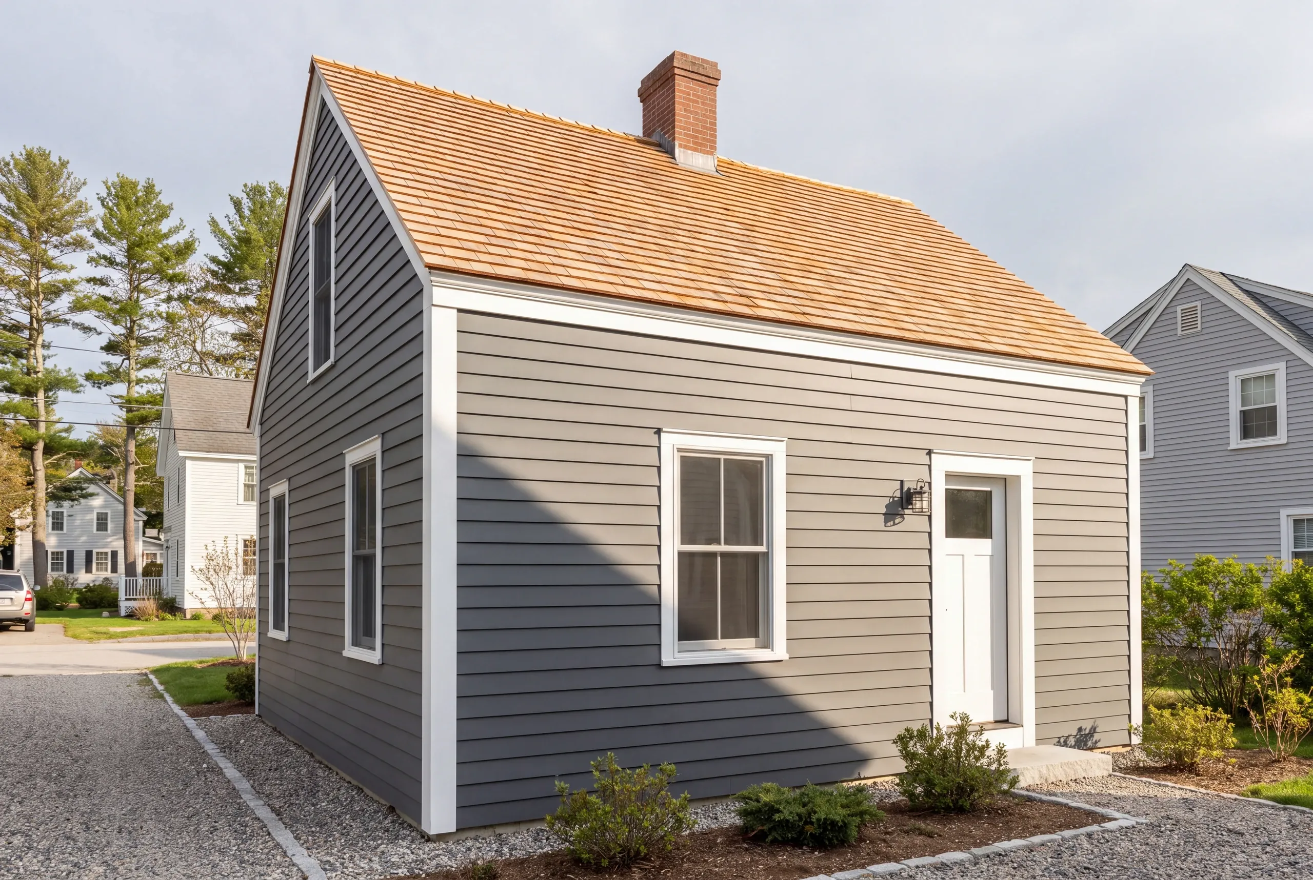 Siding contractor Damariscotta Maine: small gray lap-sided cottage with a natural cedar shingle roof and brick chimney on a village lot