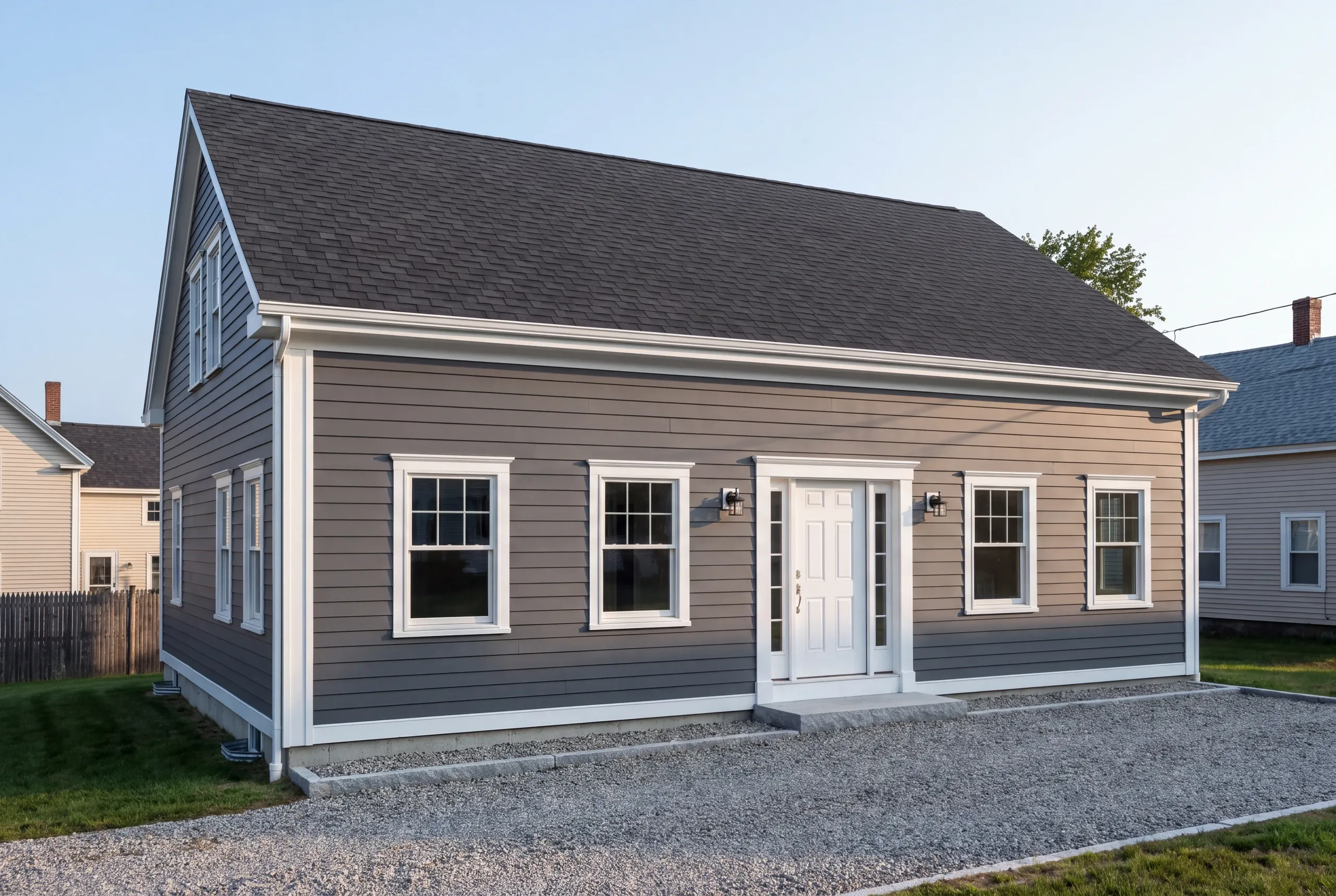 Siding installer Damariscotta Maine: warm gray lap-sided village cape with a sidelit center door, lanterns and granite-edged gravel