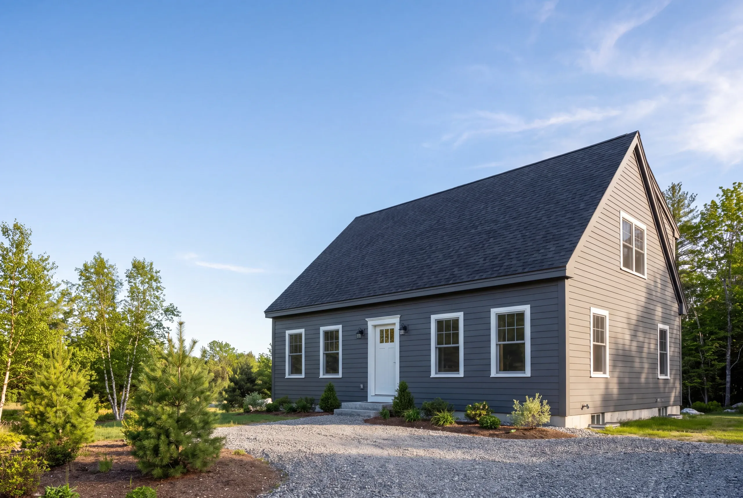 Exterior siding contractor Damariscotta Maine: charcoal lap-sided cape with white trim among young pines and birches under a big sky