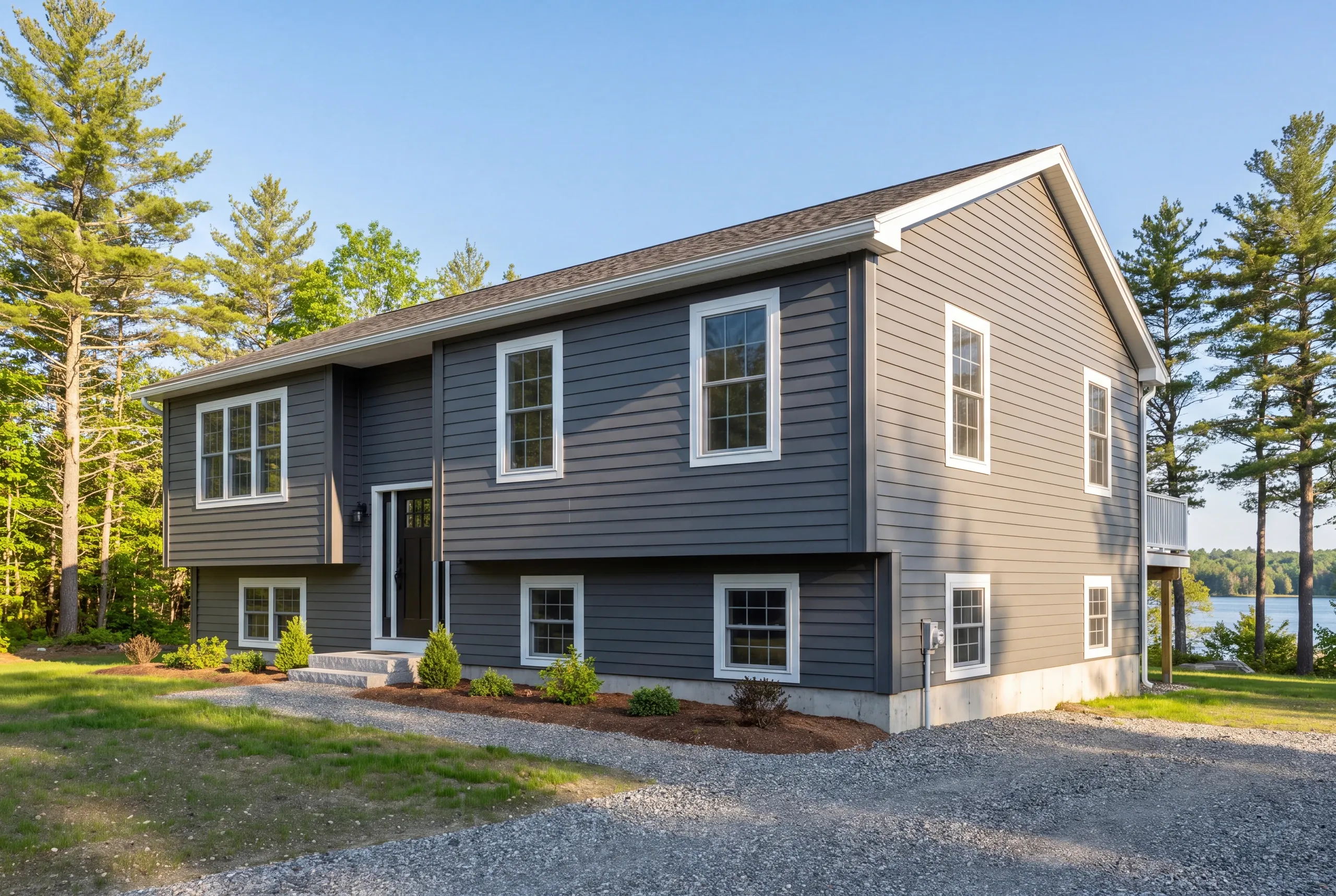 Siding contractor in Fairfield, ME: raised ranch with charcoal gray lap siding, a side deck and gravel drive by a lake