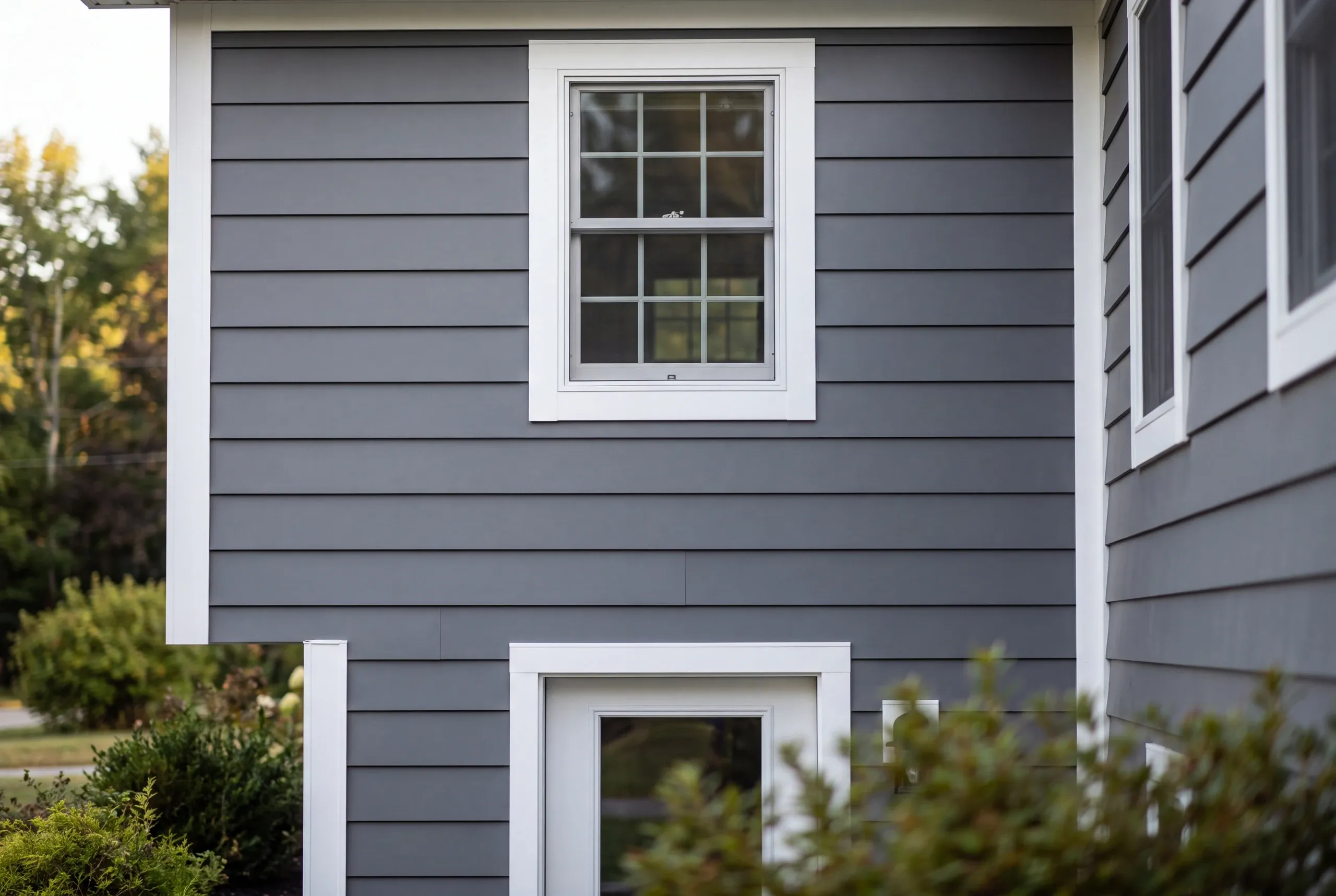 Siding installer Fairfield Maine: slate gray smooth lap siding with white casings around an upper window and lower glass door