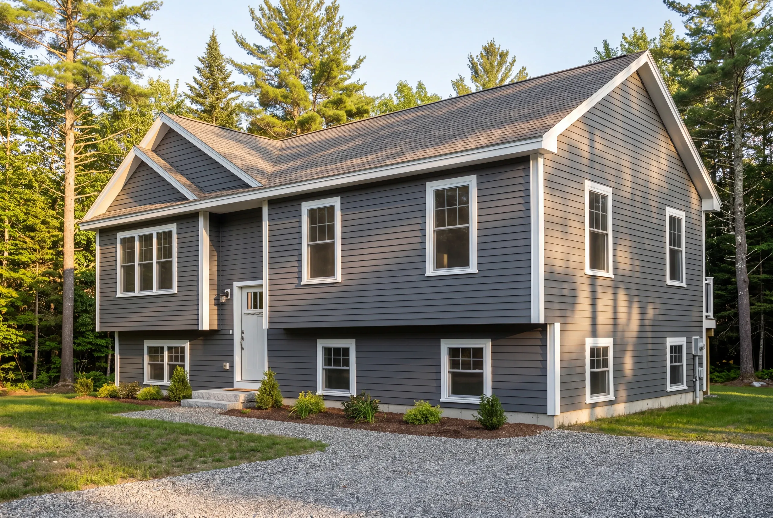 Exterior siding contractor Fairfield Maine: split-entry house with slate gray lap siding, front gable bump and granite steps under tall pines