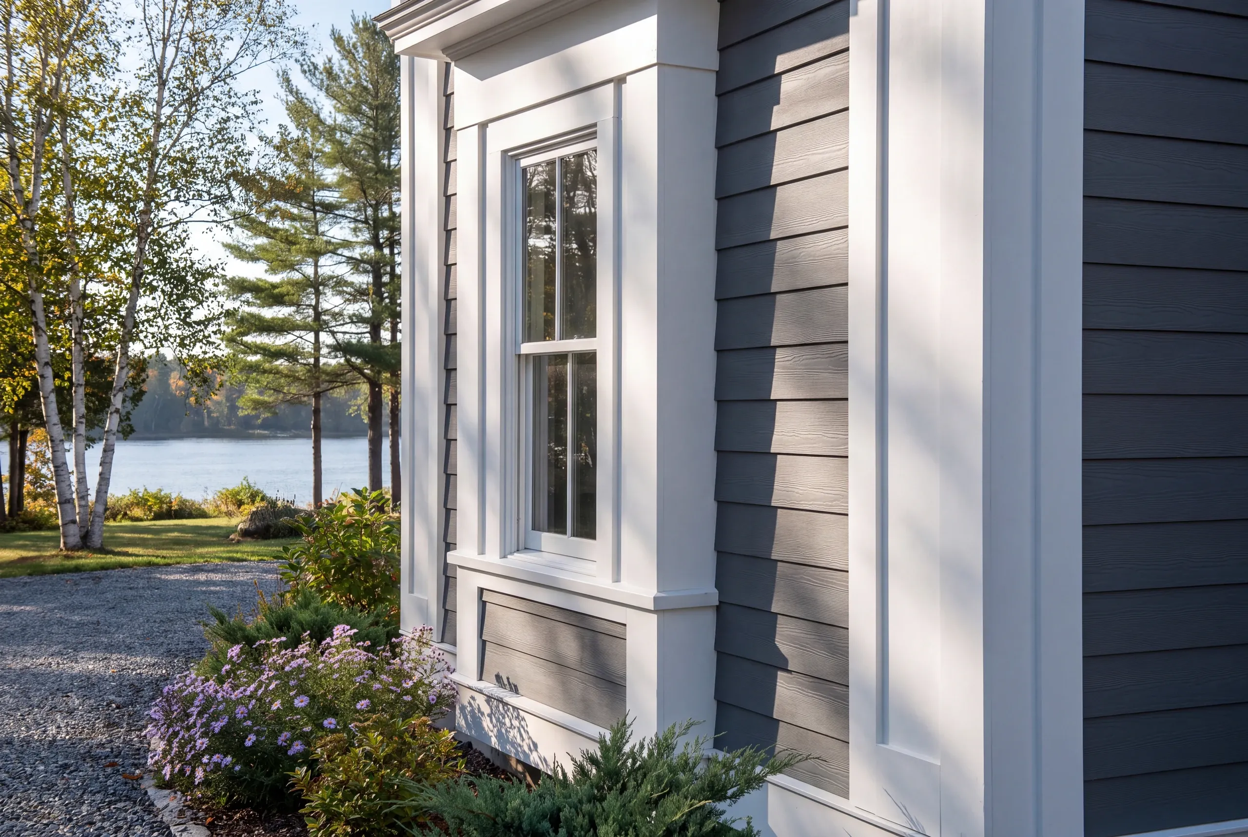 Siding contractor Fairfield Maine: deep white window surround projecting from gray wood-grain lap siding by a lake