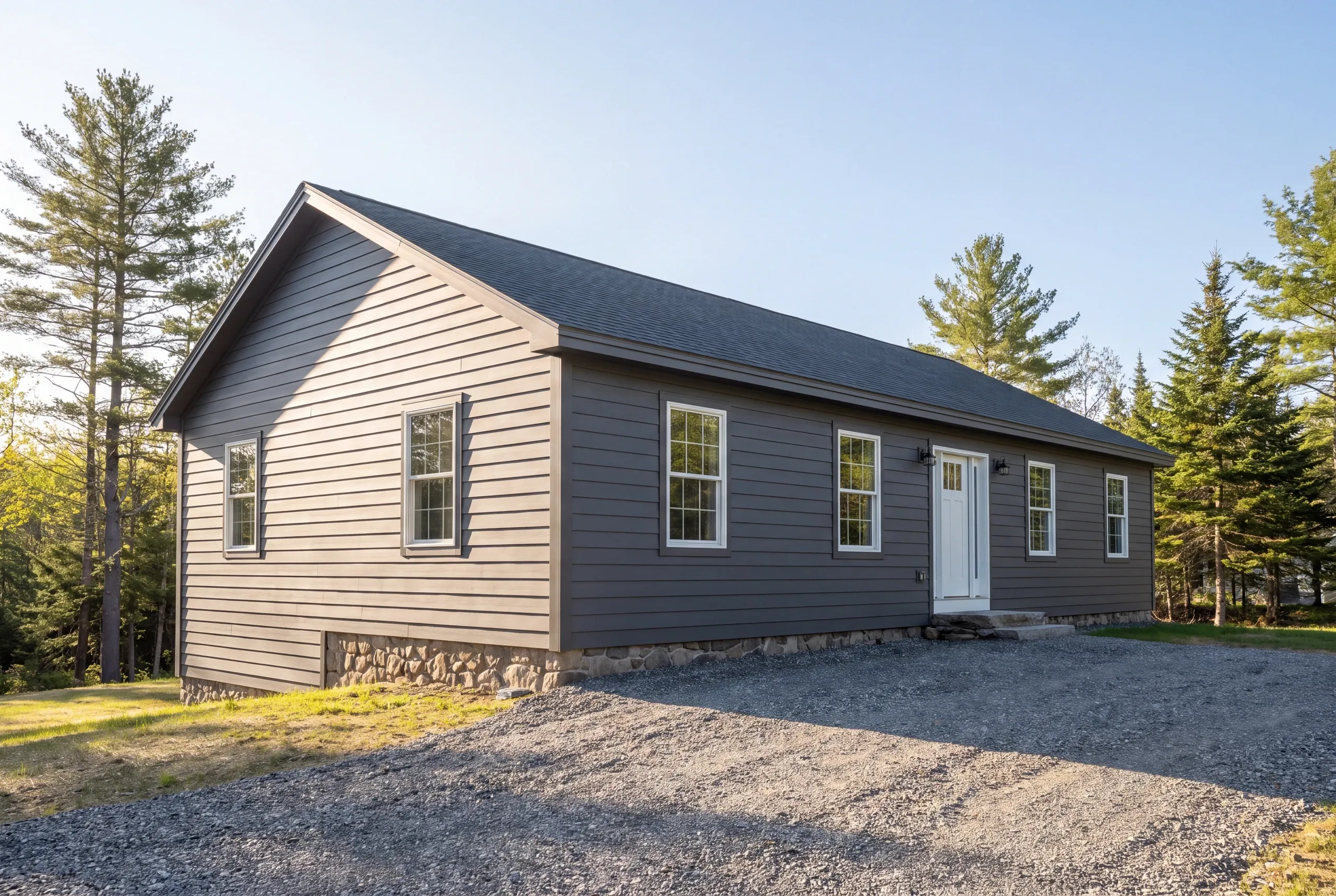 Siding installer Fairfield Maine: one-story ranch in dark charcoal-brown lap siding with matching trim and fieldstone-faced foundation