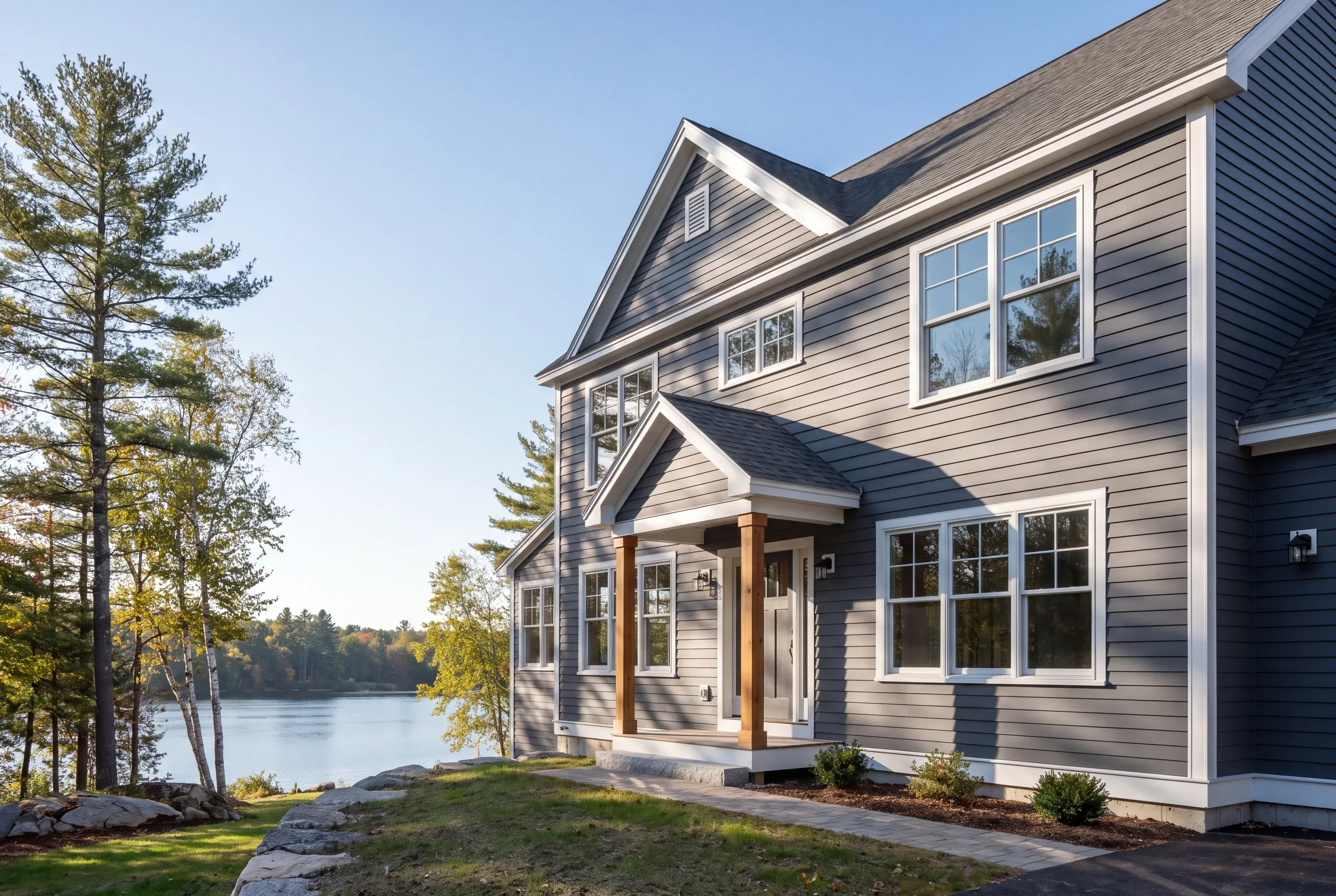 Exterior siding contractor Fairfield Maine: two-story gray lap-sided house with a timber-post entry porch and paver walk beside a lake