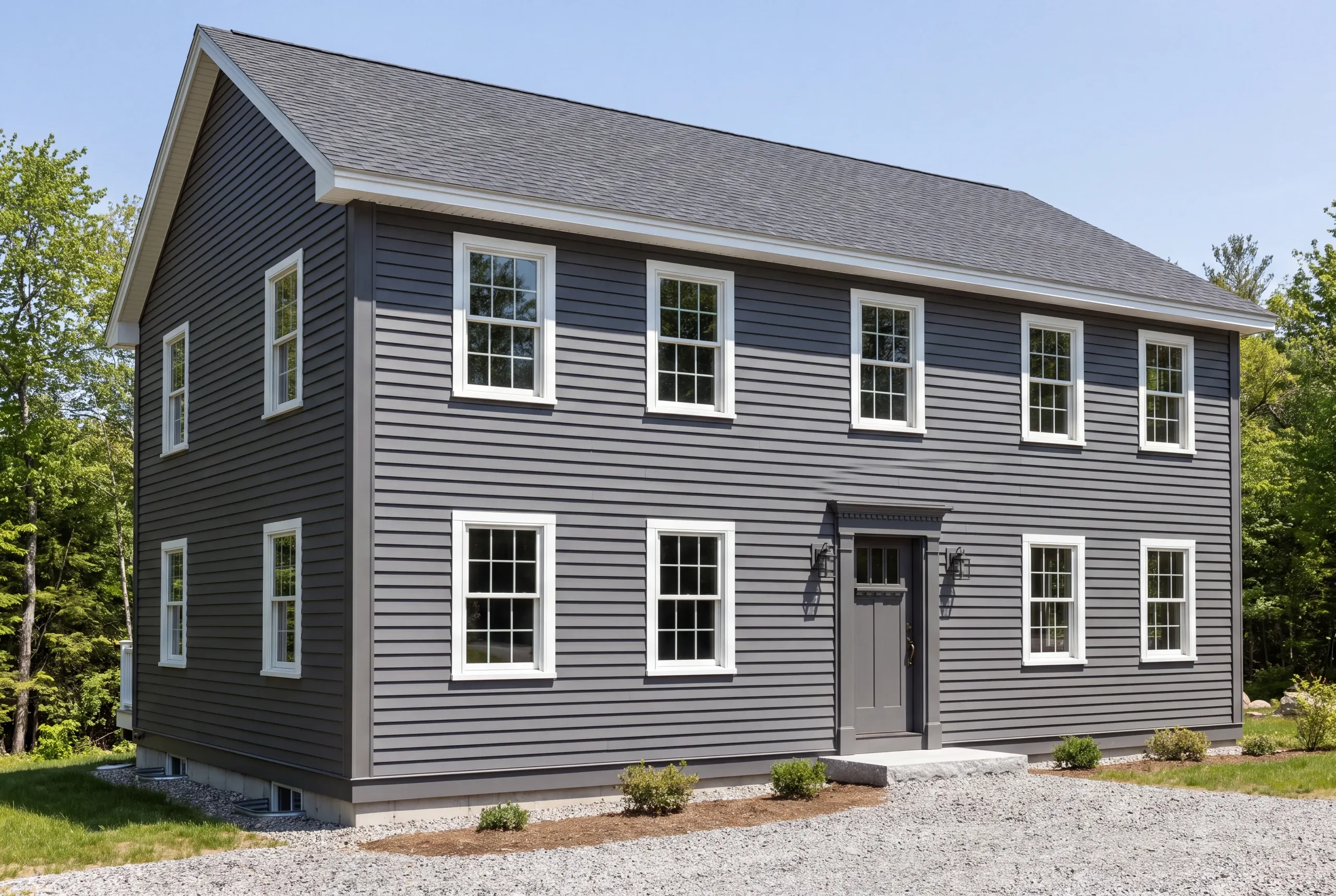 Siding contractor in Gardiner, ME: side-gable colonial in charcoal lap siding with matching corner boards and white window casings