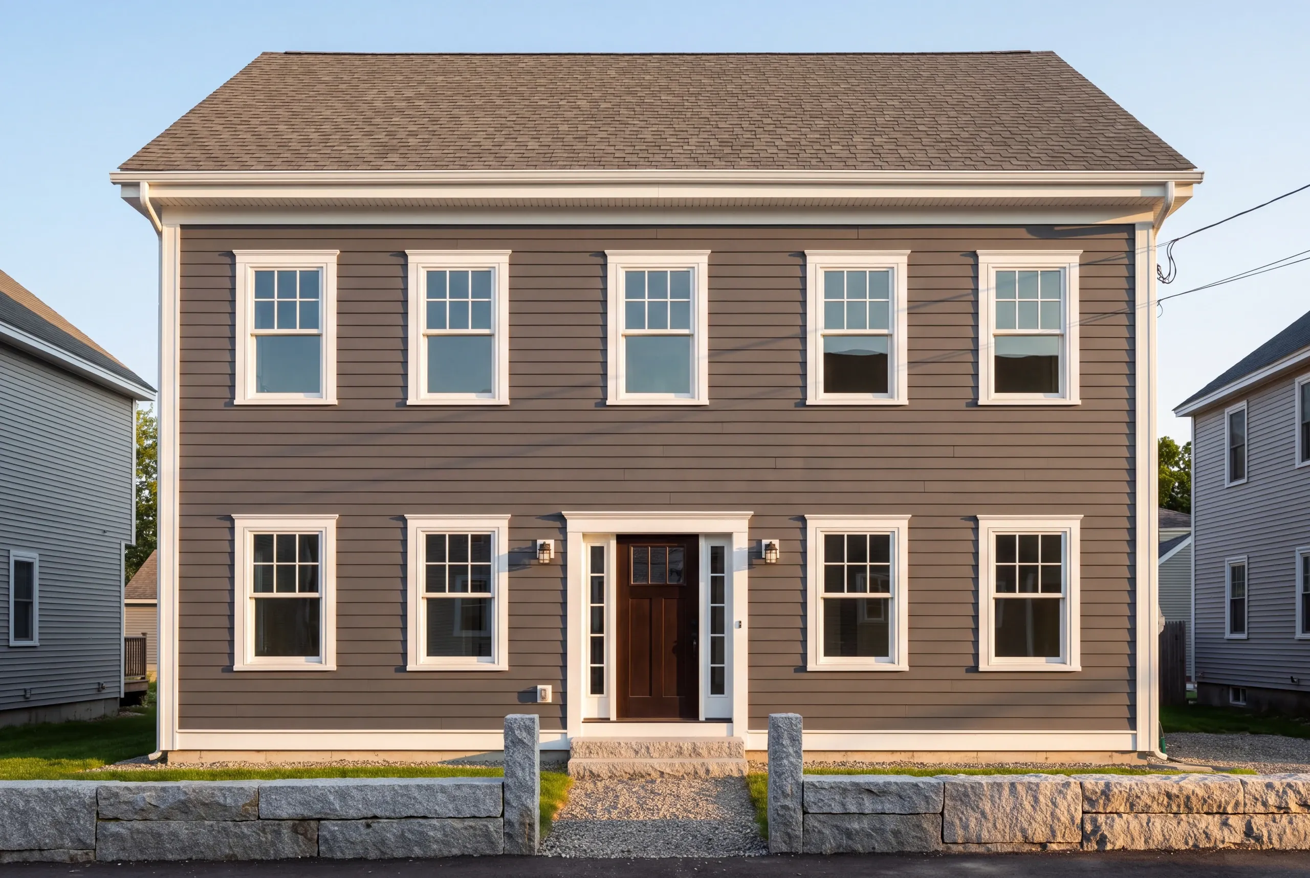 Exterior siding contractor Gardiner Maine: taupe lap-sided colonial behind a granite post fence on a tight lot with close neighbors