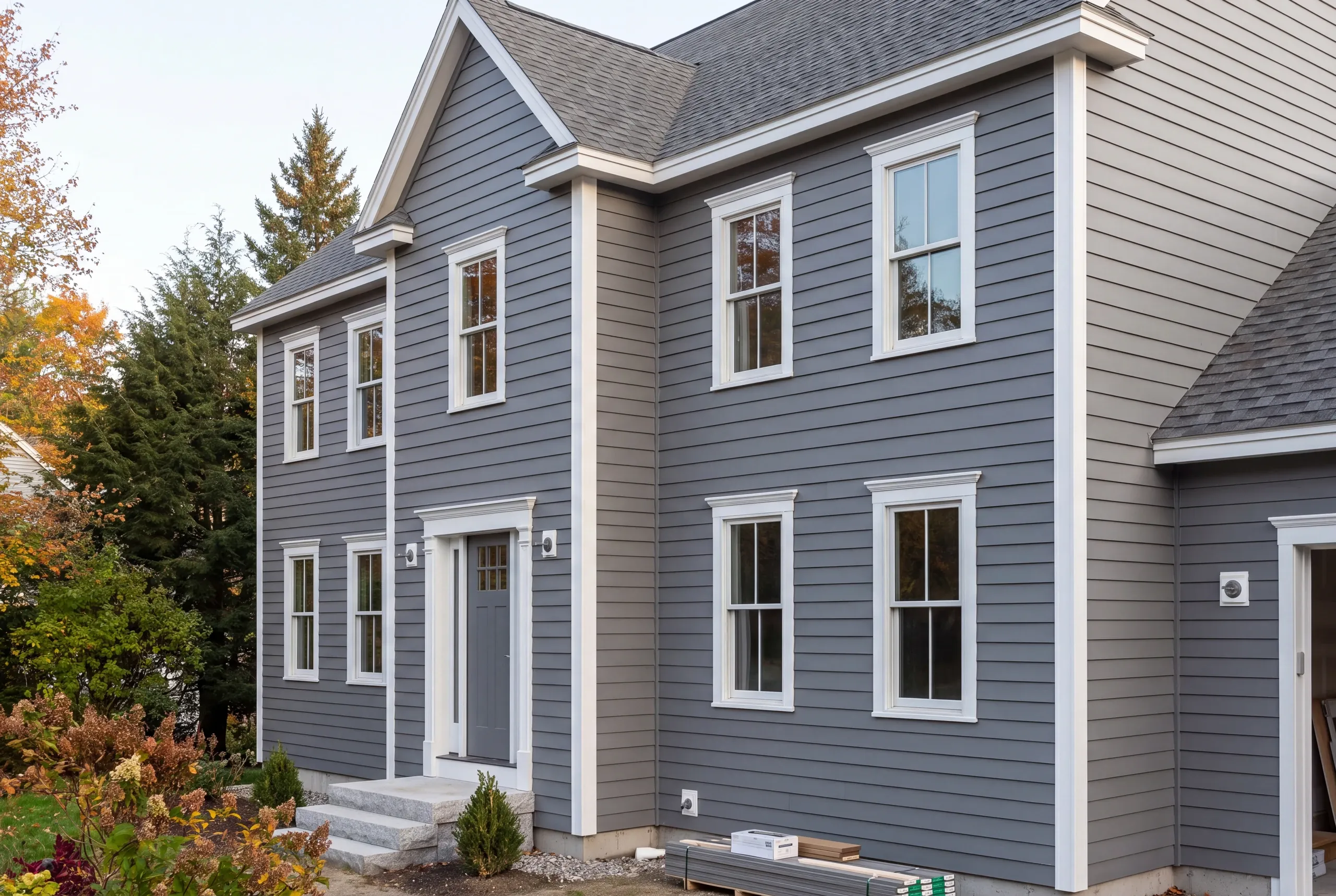 Siding contractor Gardiner Maine: slate gray lap-sided colonial with crowned window heads, siding boards stacked by the foundation