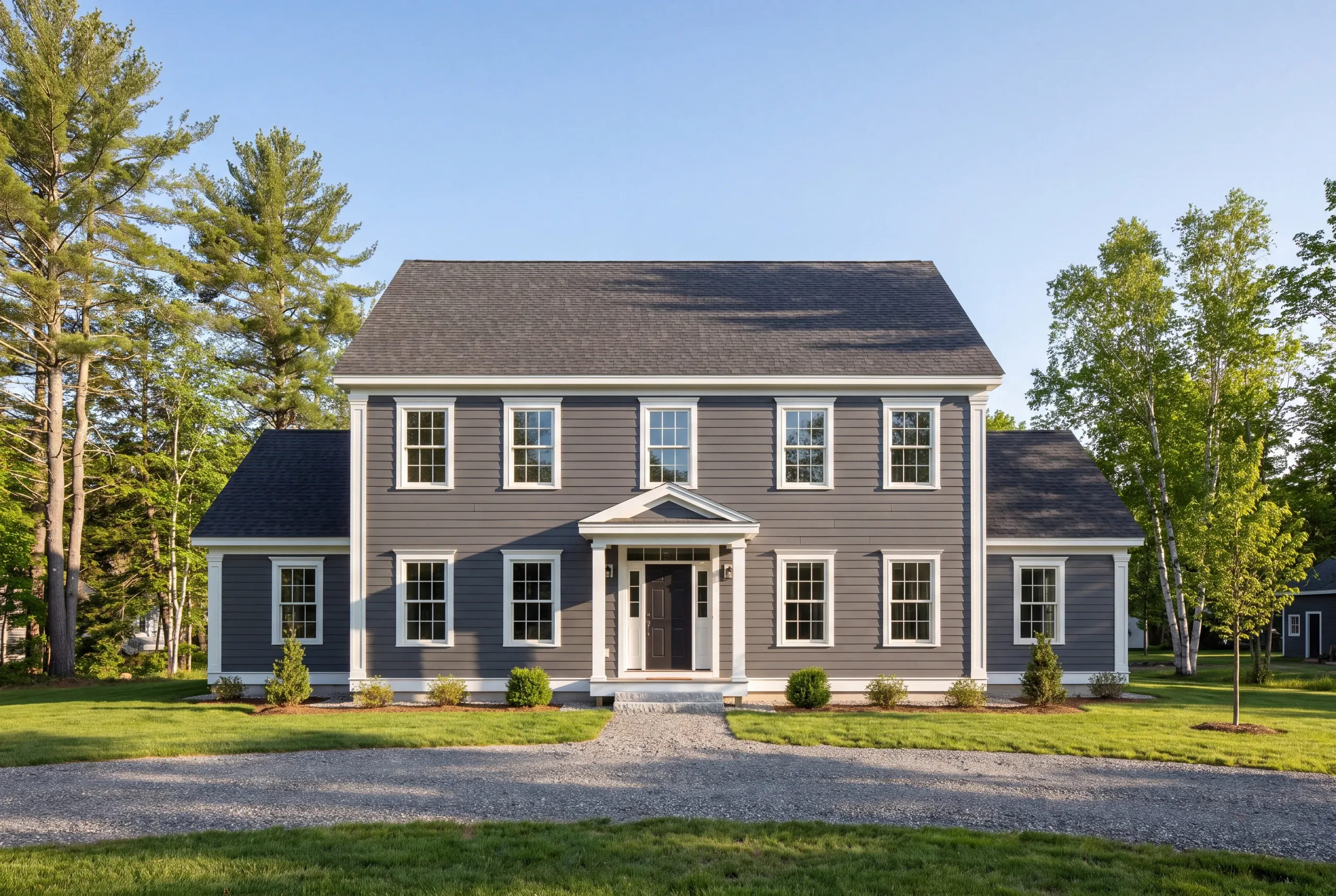 Siding installer Gardiner Maine: center-hall colonial with two side wings in gray lap siding and a columned pedimented portico