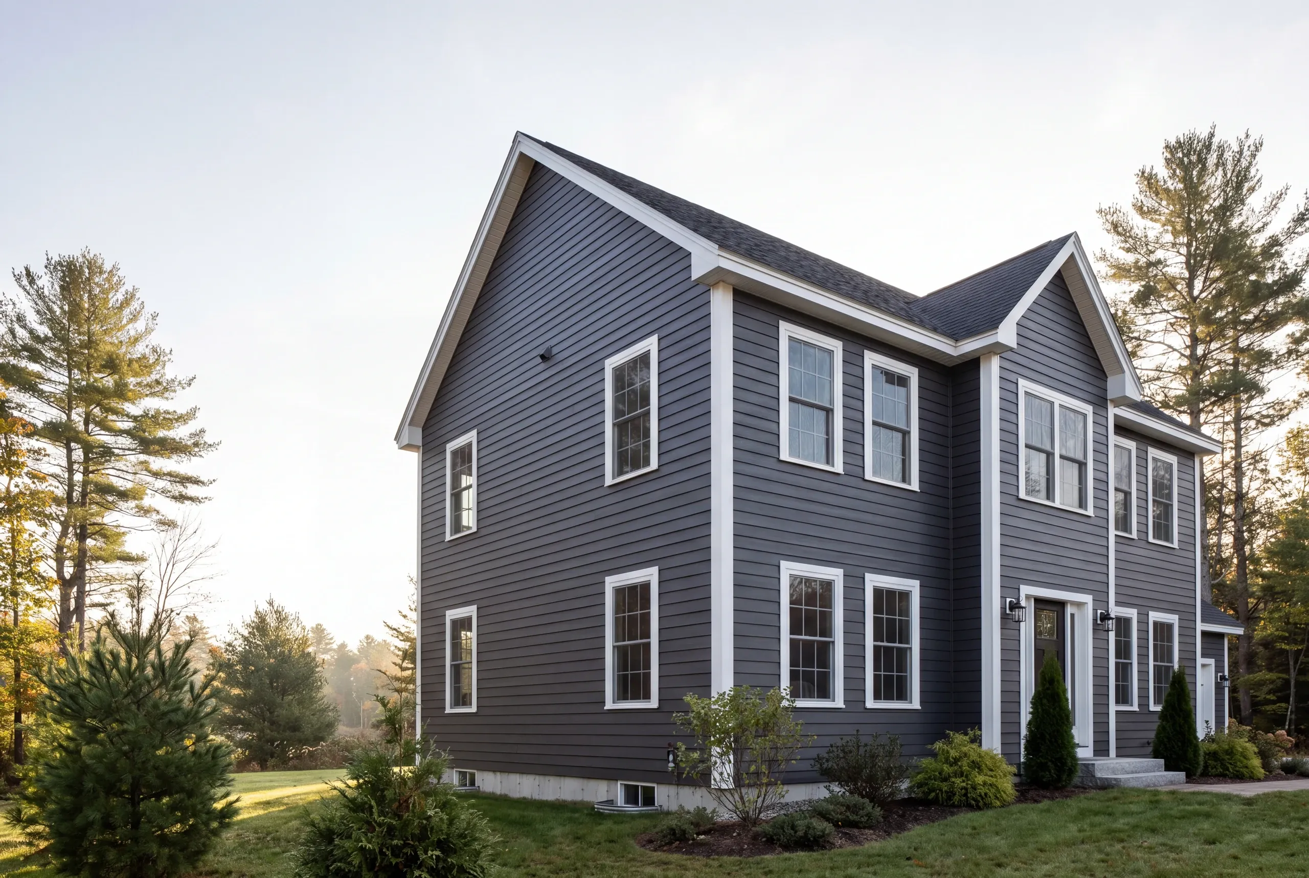 Exterior siding contractor Gardiner Maine: charcoal lap-sided colonial with a cross gable, white corner boards and lanterns at misty sunrise