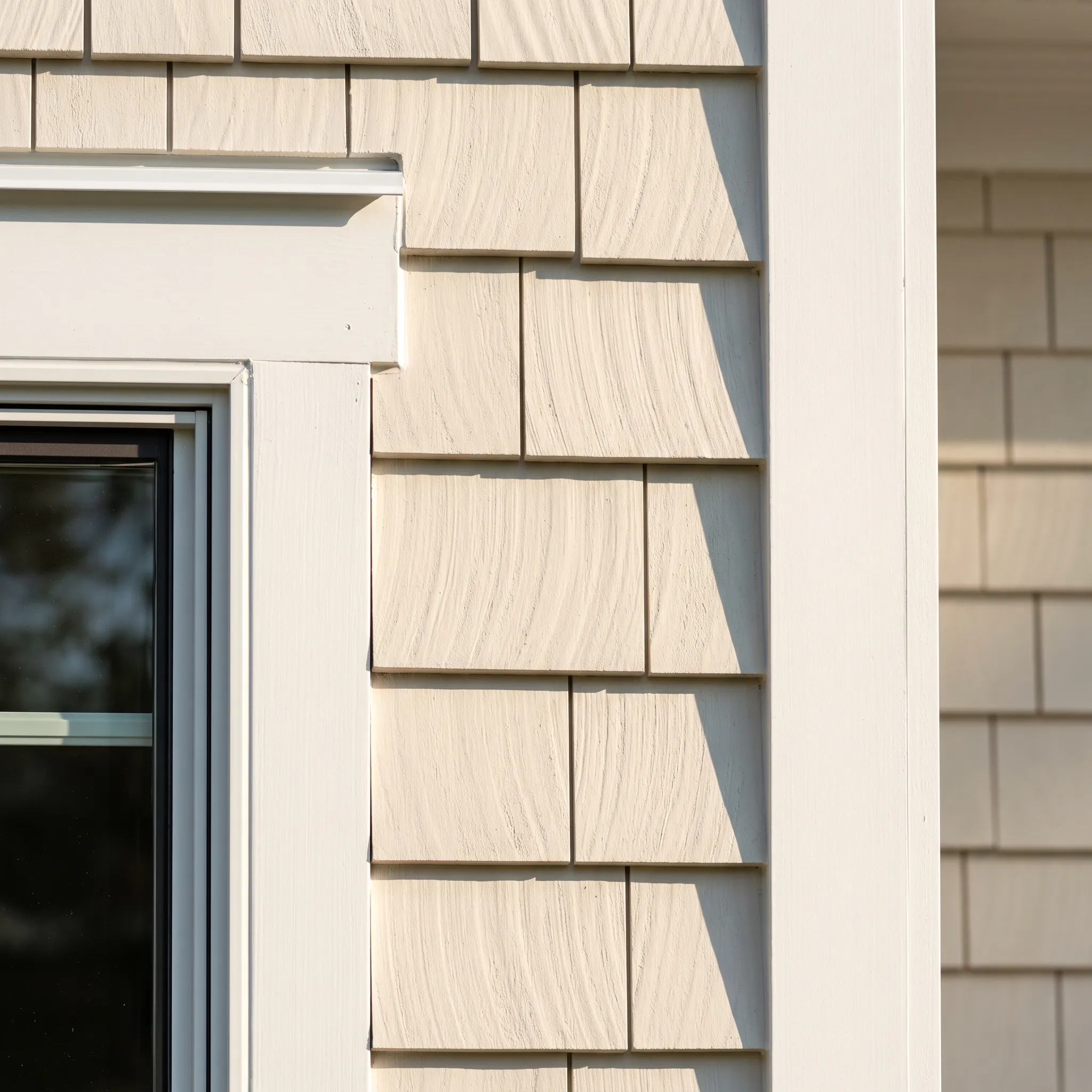 Exterior siding contractor Midcoast Maine: close view of cream shingle-style siding with straight butt edges beside white window trim
