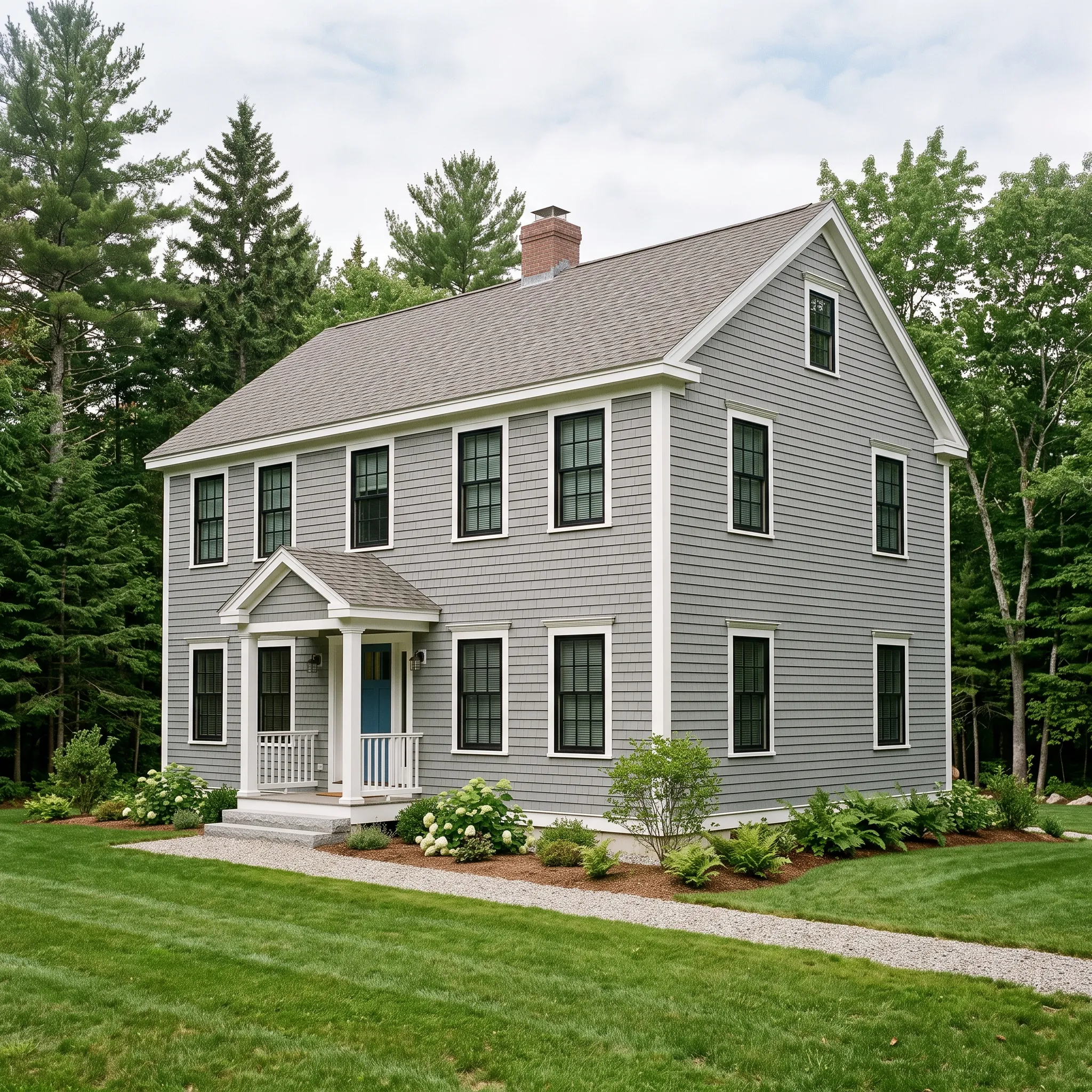 Siding contractor Midcoast Maine: two-story colonial in gray shingle siding with black windows and a portico with railings