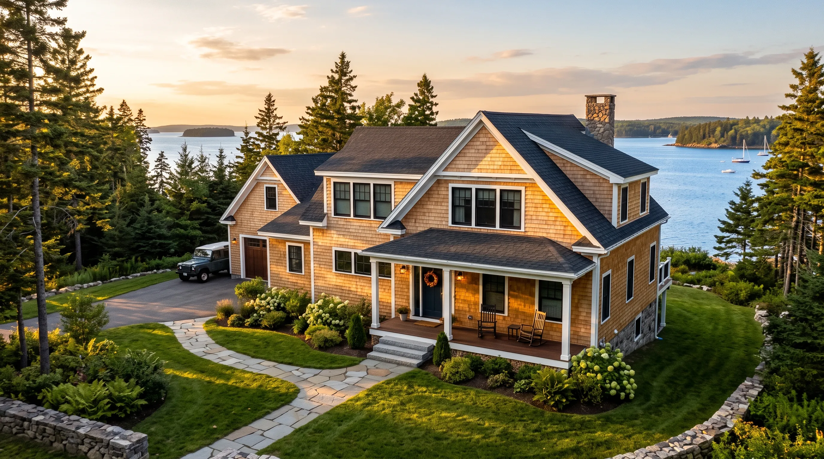 Siding installer Midcoast Maine: elevated view of a cedar-shingled house with a farmer's porch on a lawn above an island-dotted bay