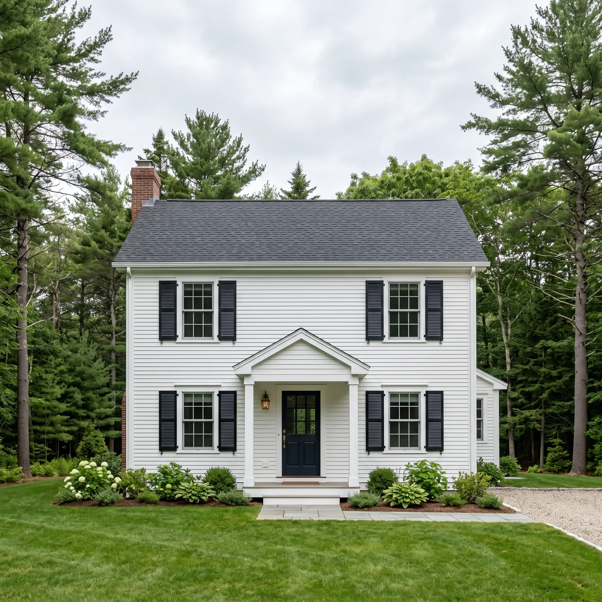 Exterior siding contractor Midcoast Maine: white lap-sided colonial with black shutters, a black door and a gabled portico on a green lawn