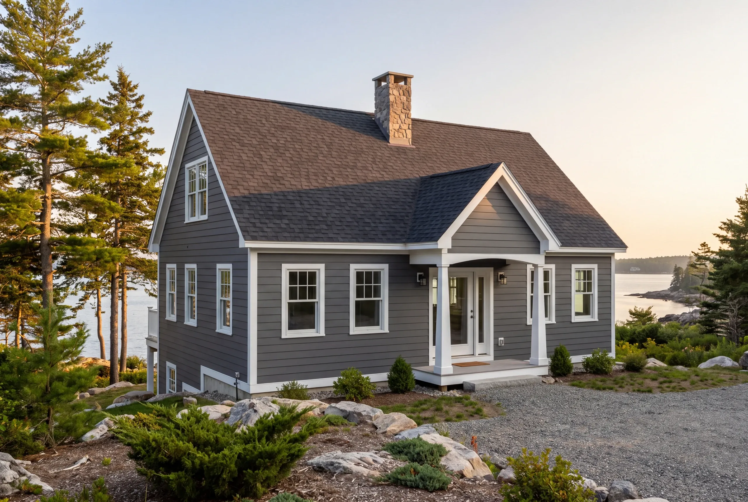 Siding contractor in Lincolnville, ME: oceanfront cottage in gray lap siding with a fieldstone chimney and columned entry porch at sunset