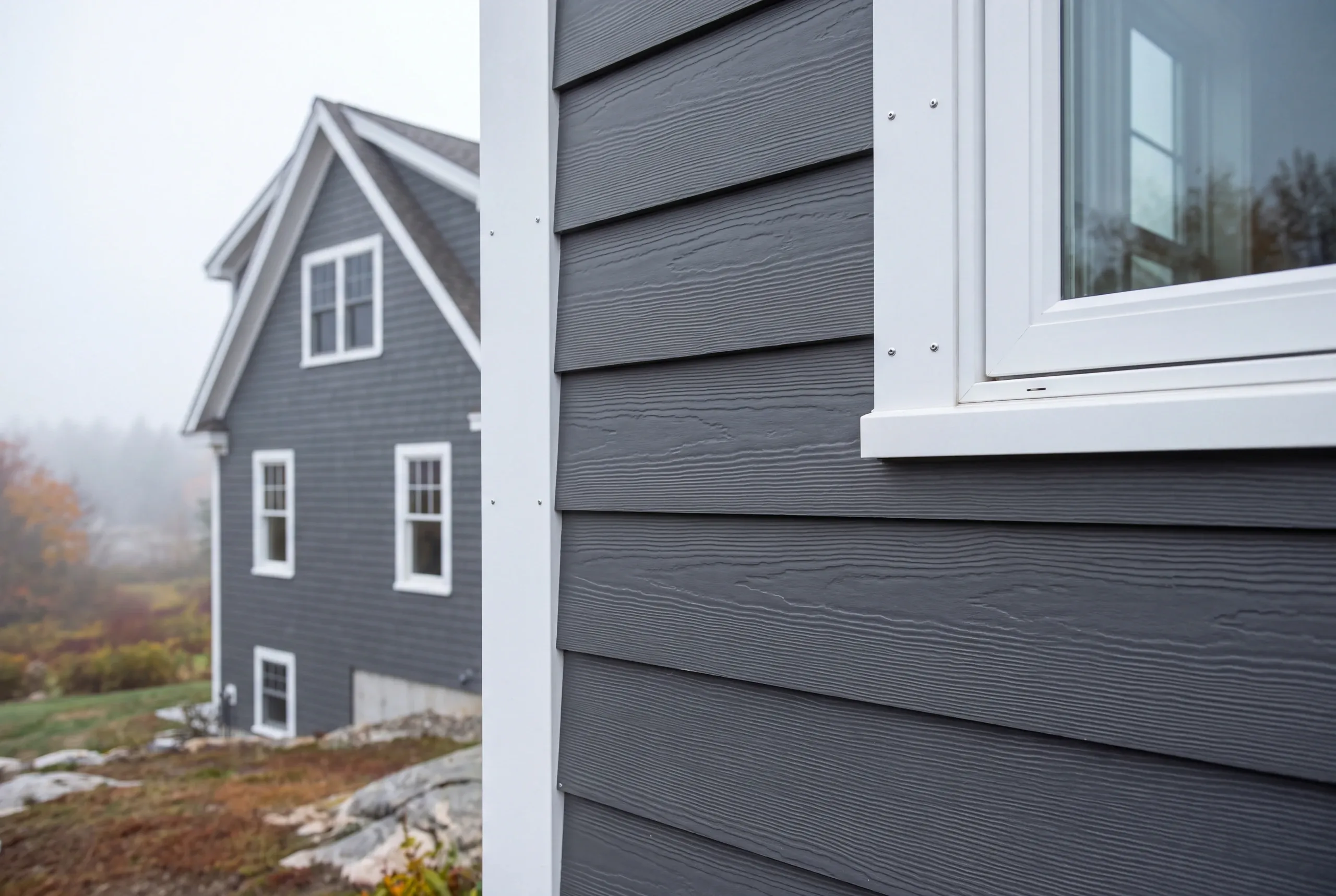 Siding installer Lincolnville Maine: charcoal wood-grain lap siding with white corner board and trim showing fastener heads in fog