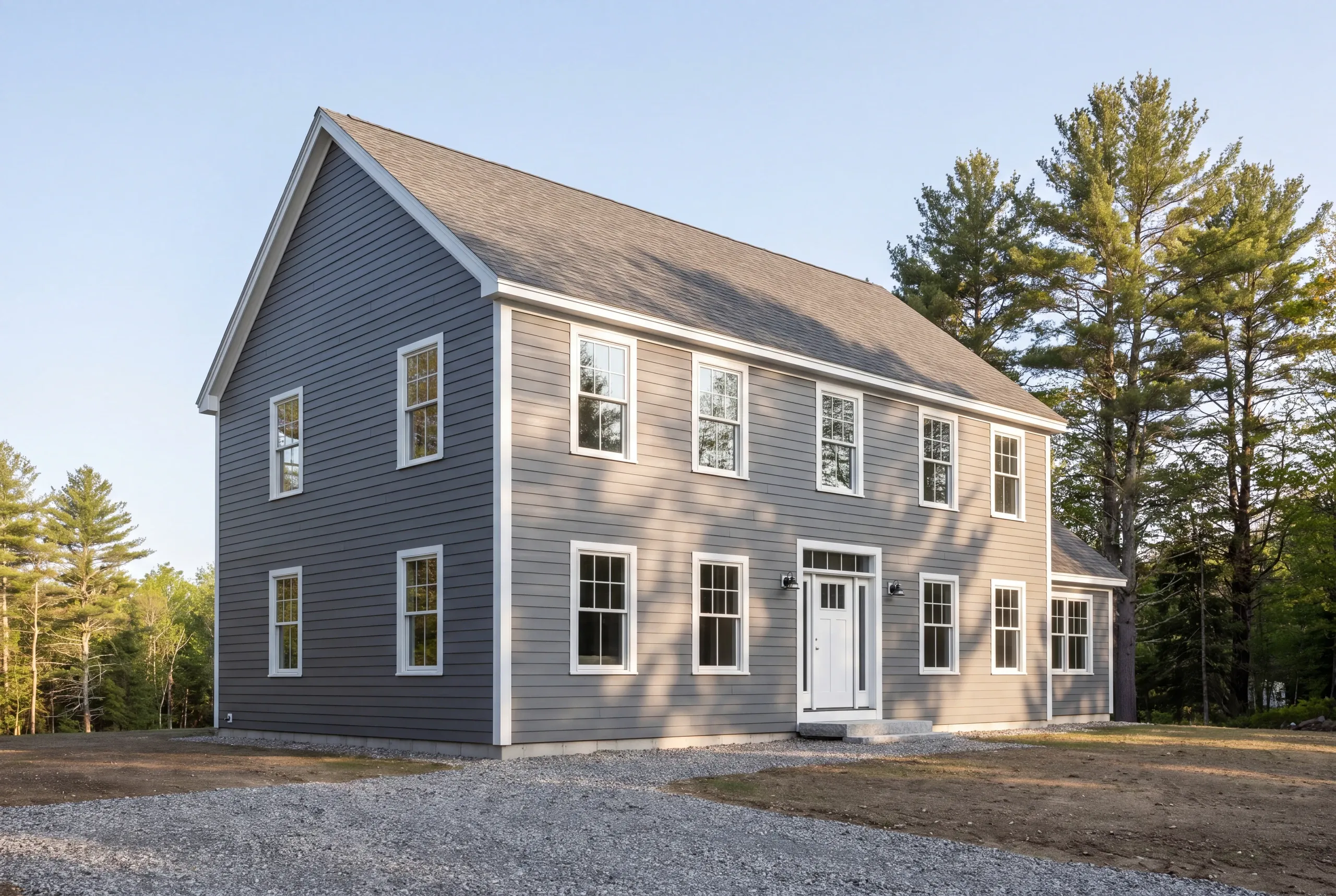 Exterior siding contractor Lincolnville Maine: light gray lap-sided colonial with a small side wing on a cleared lot with tall pines