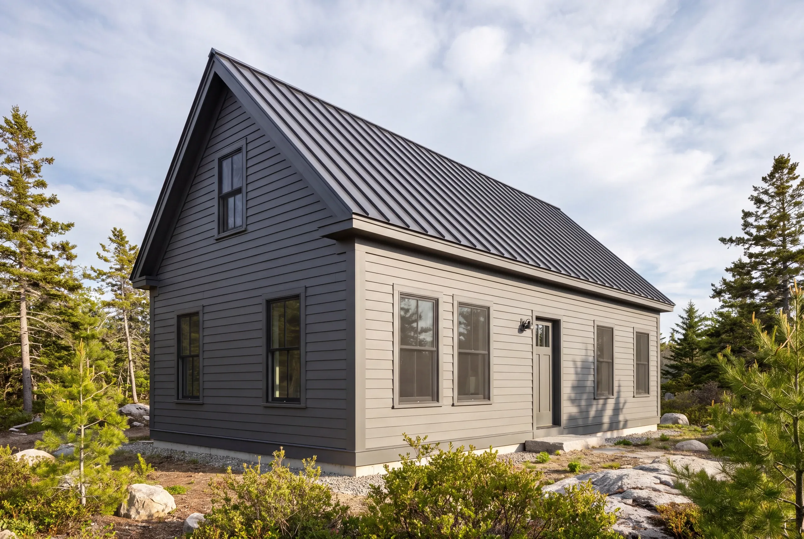 Siding contractor Lincolnville Maine: warm gray lap-sided cape with a black standing seam roof among ledge, low shrubs and spruces