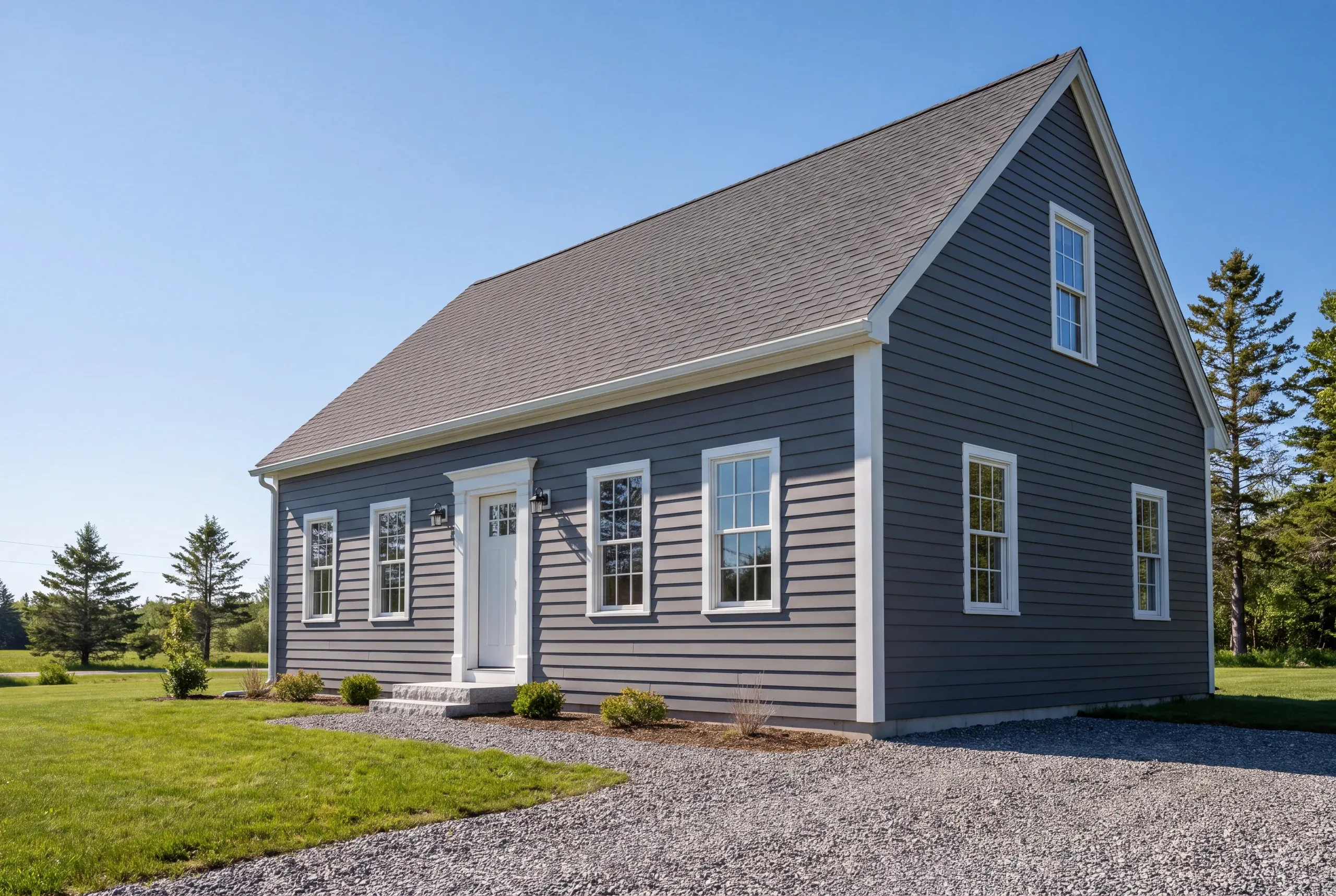 Siding installer Lincolnville Maine: slate gray lap-sided cape with wide white corner boards, crowned door head and lanterns