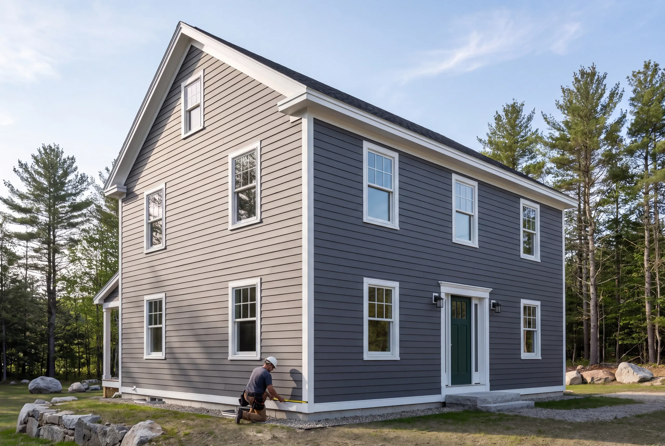 Siding contractor in Pittsfield, ME: worker kneeling with a tape measure along the skirt board of a two-tone lap-sided colonial