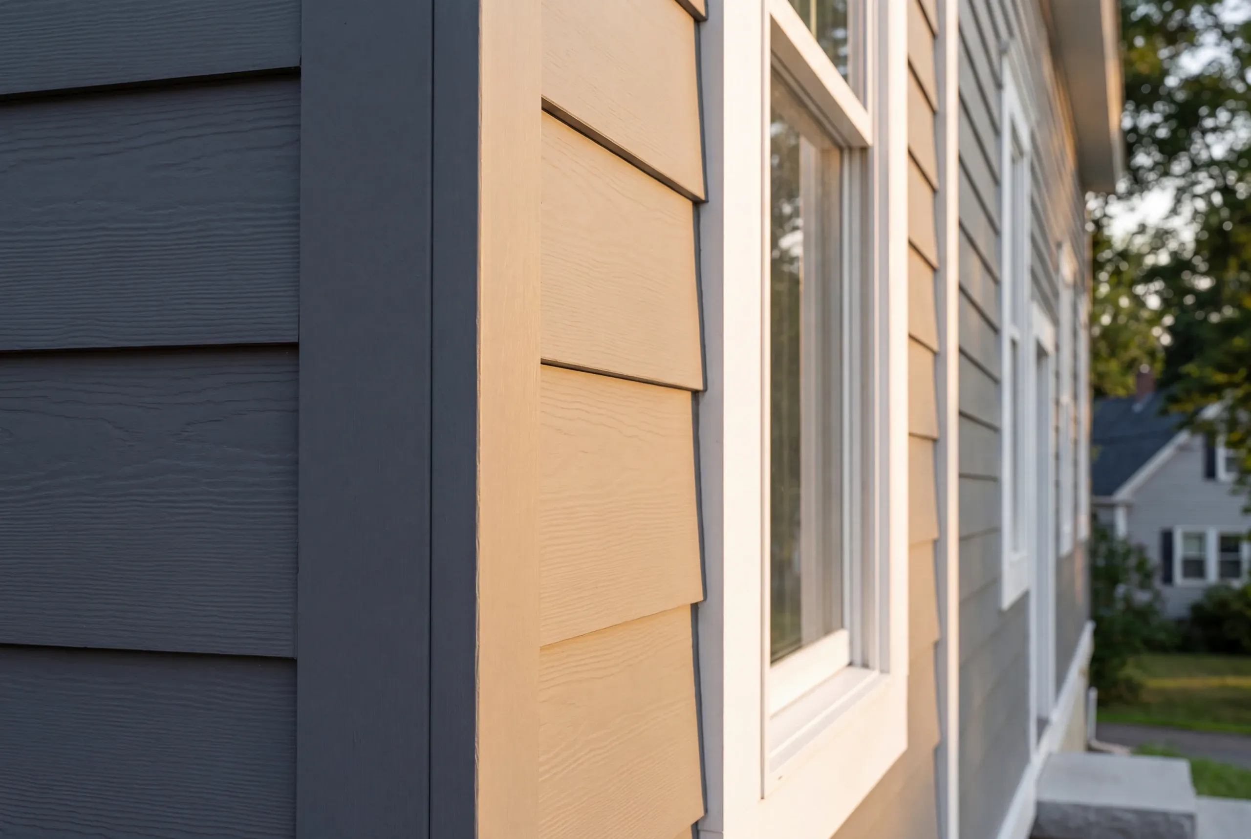 Siding installer Pittsfield Maine: corner where slate, tan and light gray lap siding sections meet with white window trim