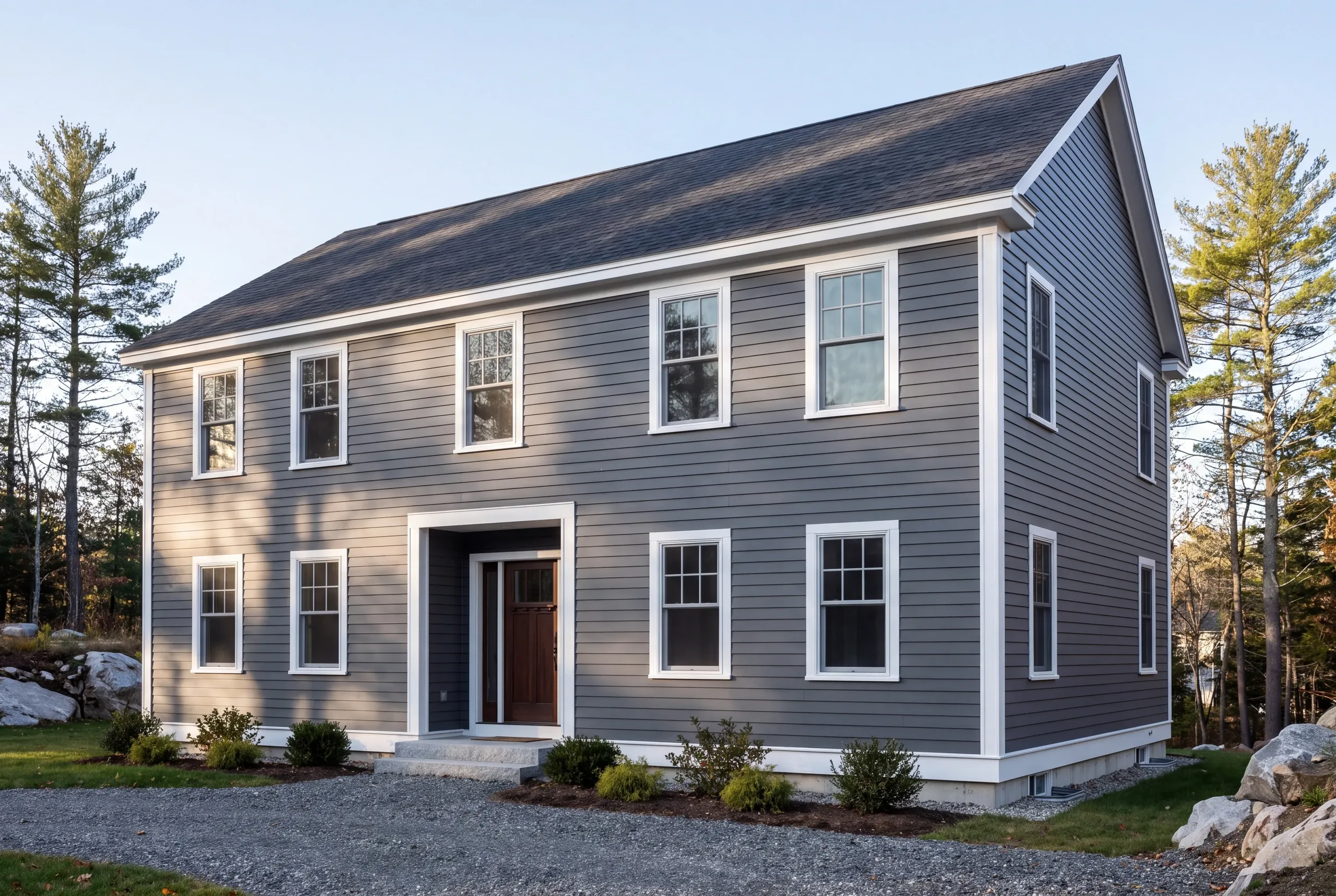 Exterior siding contractor Pittsfield Maine: gray lap-sided colonial with a wide white skirt board, recessed wood door and granite steps