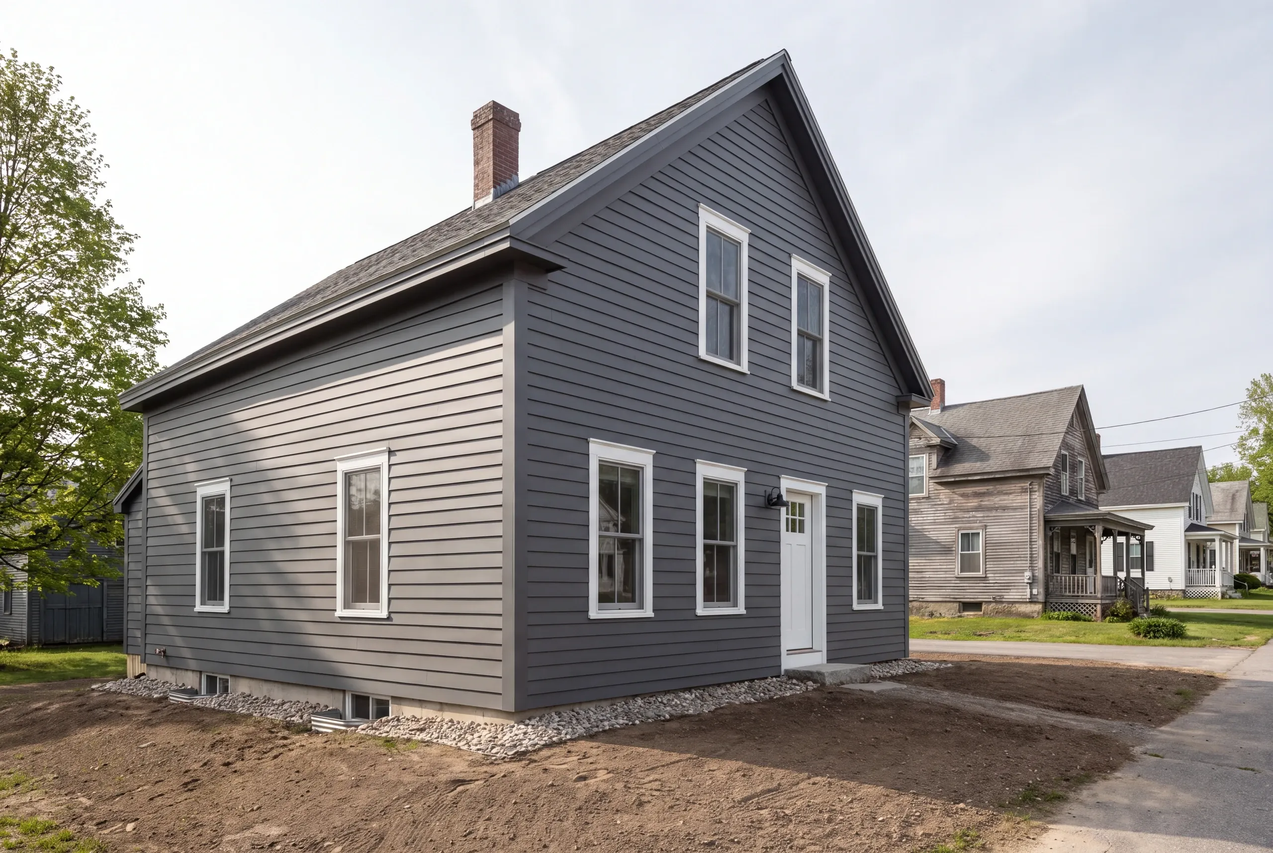 Siding contractor Pittsfield Maine: charcoal lap-sided village house with a river stone drip strip and freshly graded dirt