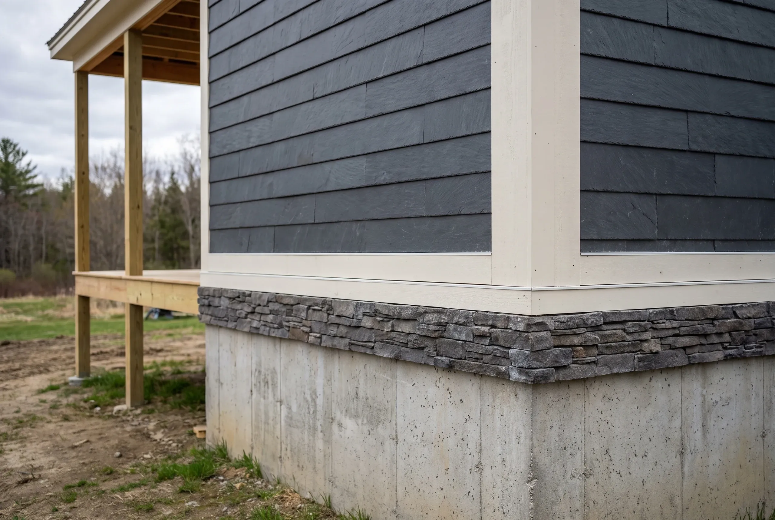 Siding installer Pittsfield Maine: slate lap siding corner with white corner board above stacked stone veneer and a concrete foundation