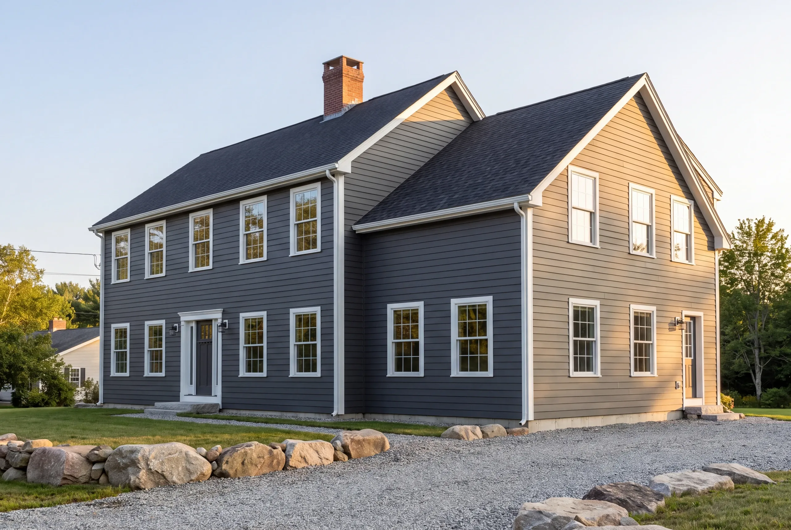 Siding contractor in Pittston, ME: colonial with an attached two-story ell in charcoal lap siding, tan gable end and brick chimney