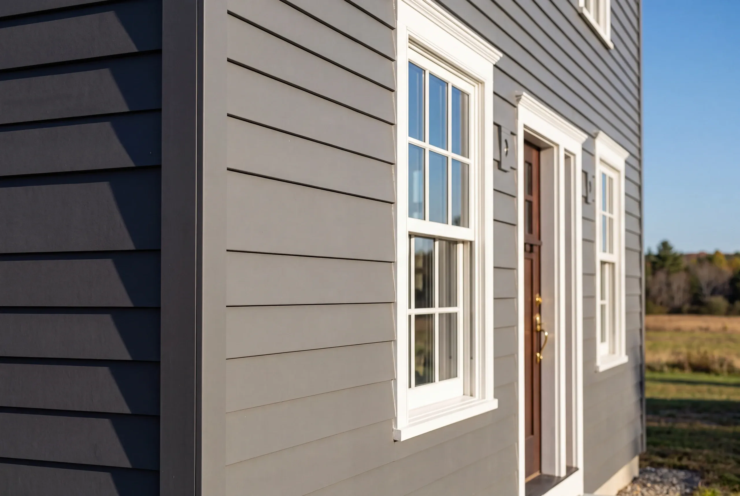 Siding installer Pittston Maine: shaded dark slate wall and sunlit light gray wall meeting at a wood door with white surround