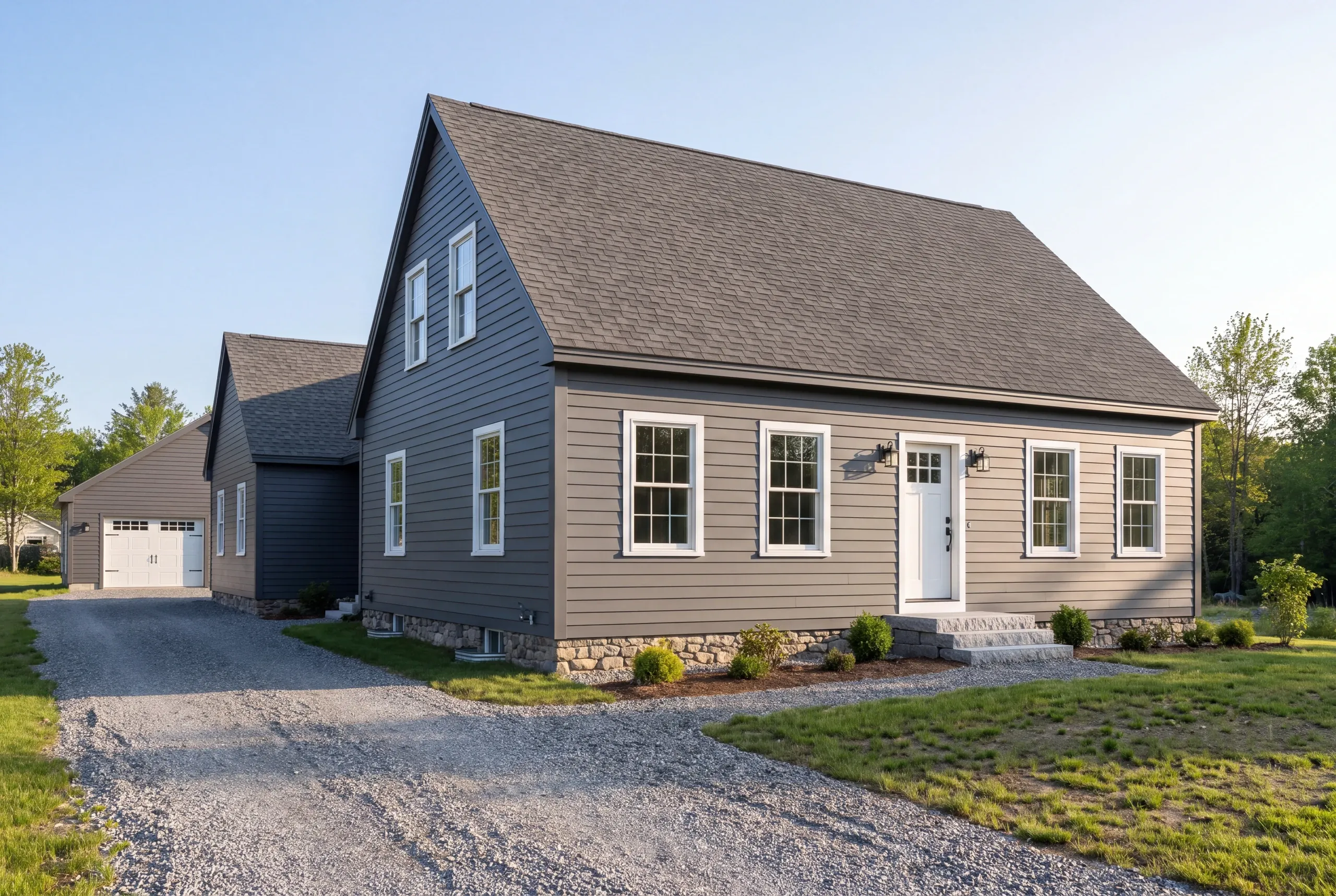 Exterior siding contractor Pittston Maine: cape with a stepped connector and gabled garage in gray and charcoal lap siding
